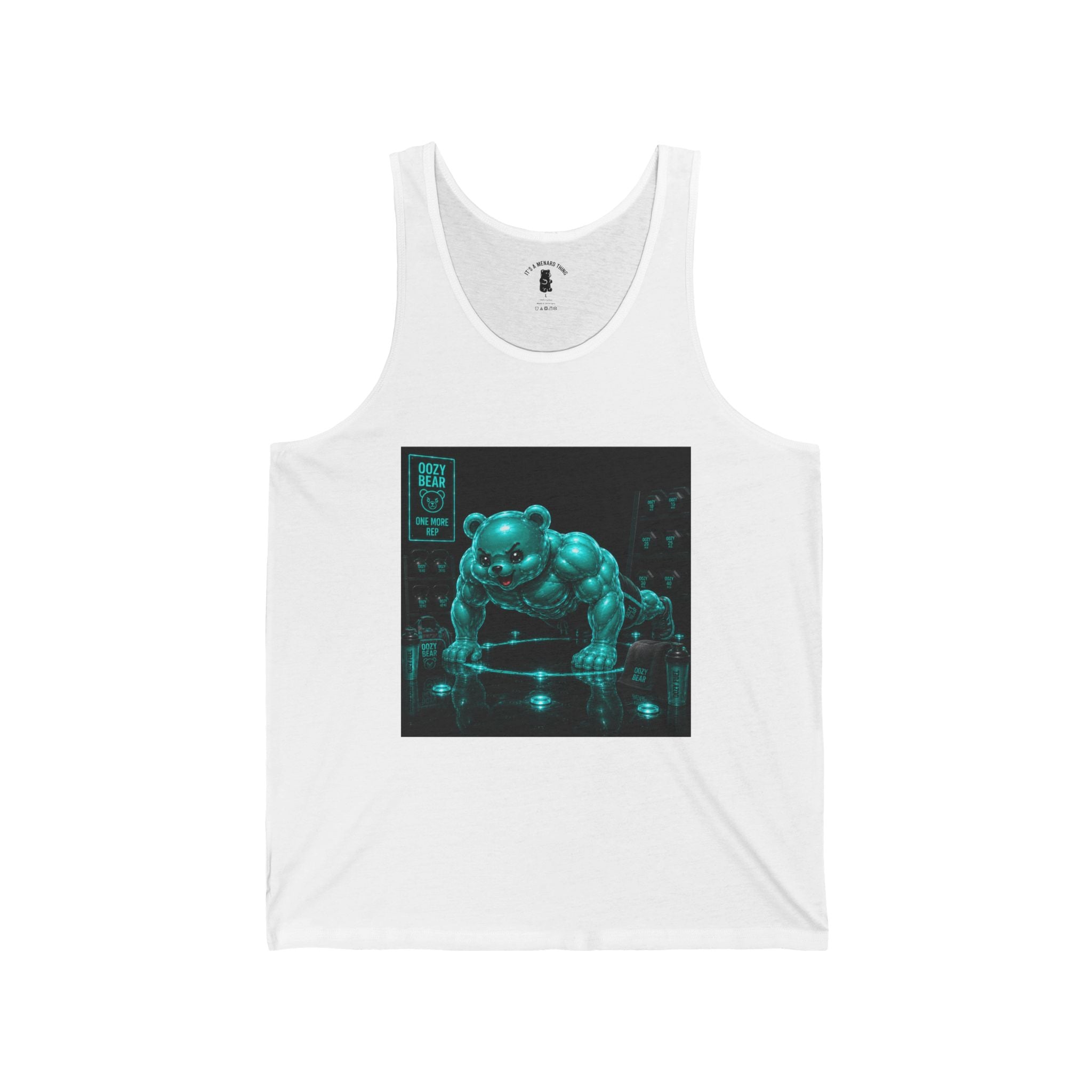 Doing Push Ups, Working Out Teal Oozy Buff Bear Gummy- Adult Graphic Tank Top