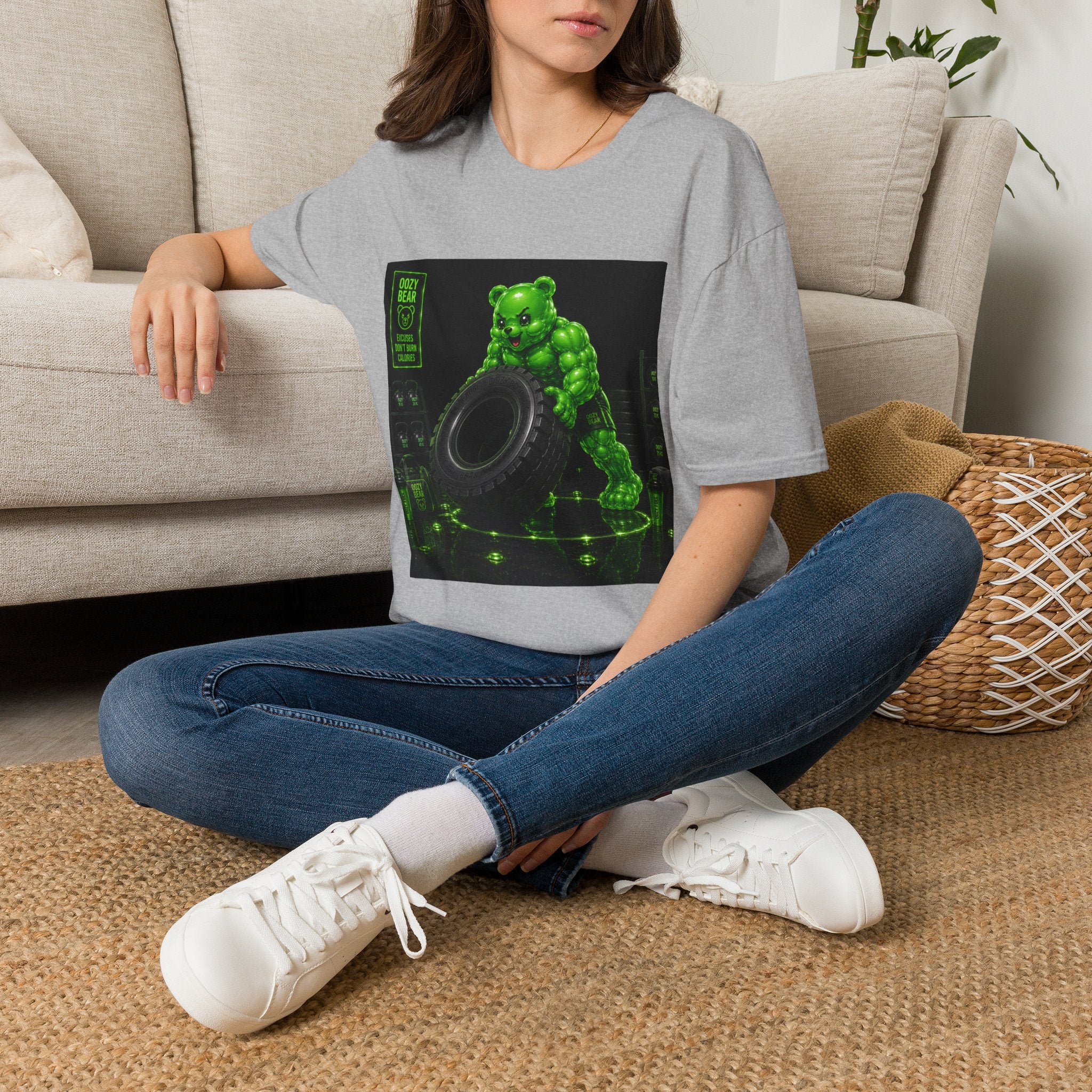 Tire Flipping Work Out, Emerald Oozy Buff Bear Gym Addition- Adult Graphic Shirt