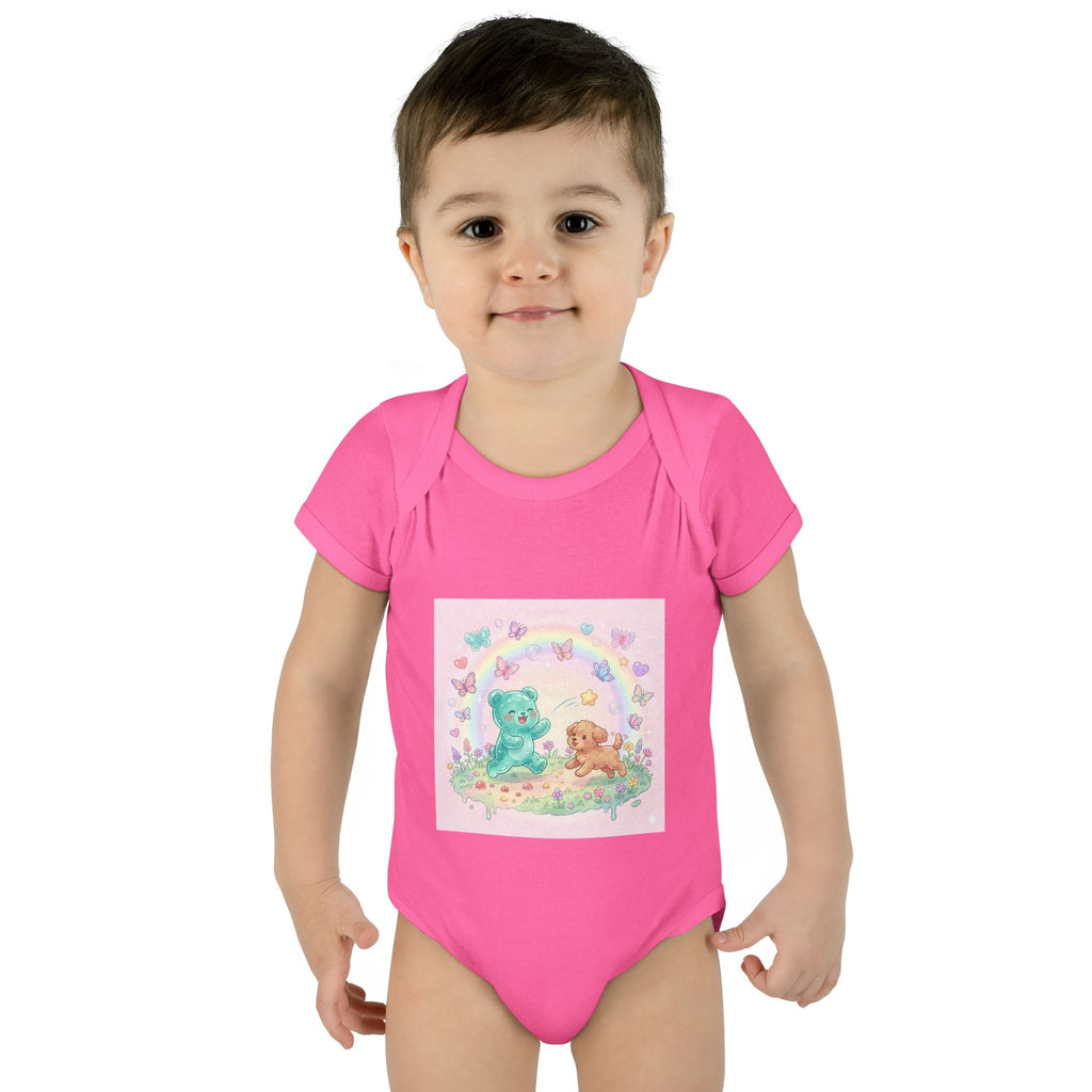 Gooey Gummy Playing Fetch with Puppy, Cute Infant Onesie
