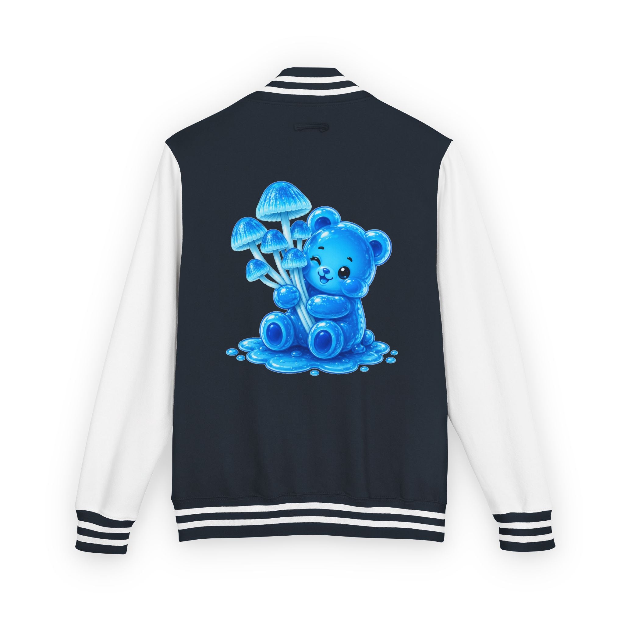 Pretty Blue Mushrooms, Gooey Gummy Bear Friend — Kawaii Graphic Varsity Jacket