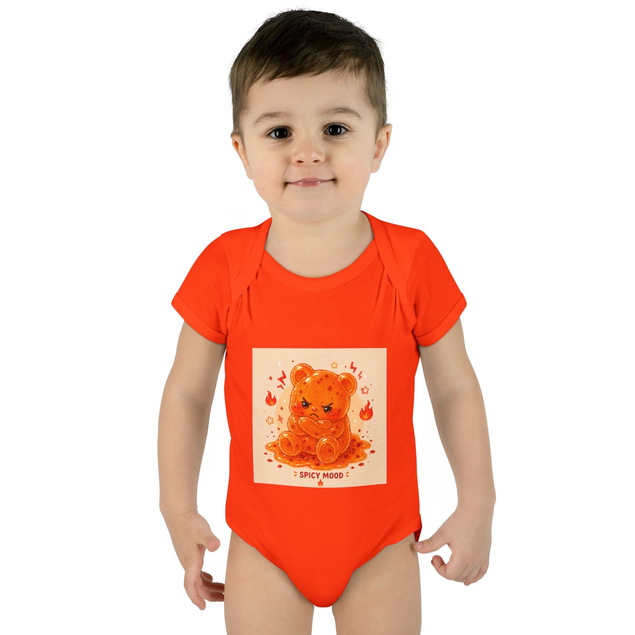 Spicy Mood Orange Gooey Gummy Bear Bodysuit — Cute Hot Pepper Bear Baby Onesie