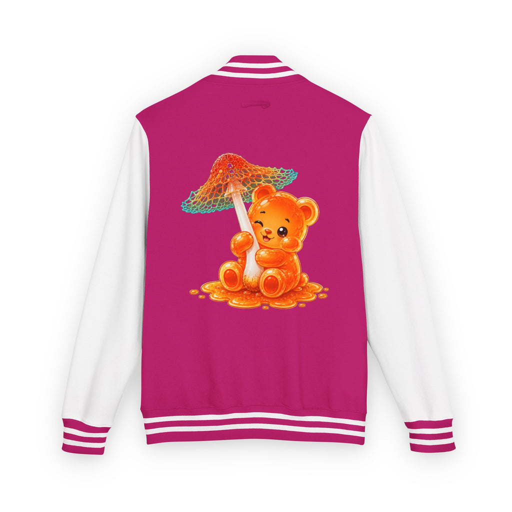 Pretty Orange and Teal Mushroom, Gooey Gummy Bear Friend — Kawaii Graphic Varsity Jacket