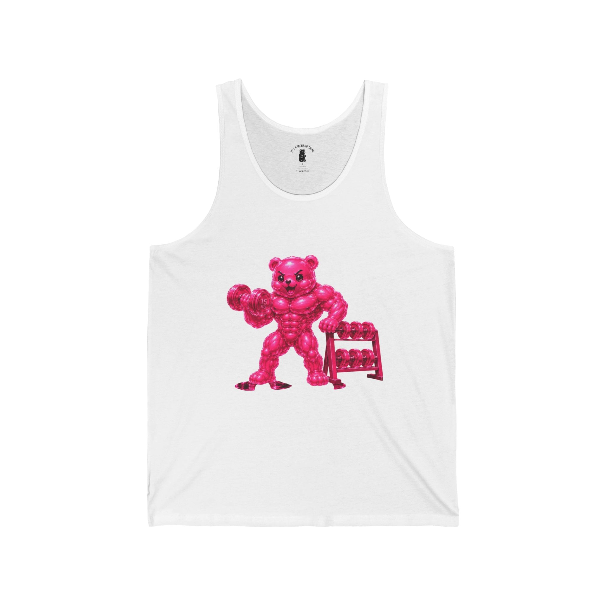 Fitness Work Out, Neon Pink Oozy Buff Bear Gummy Gym Addition- Adult Graphic Tank Top