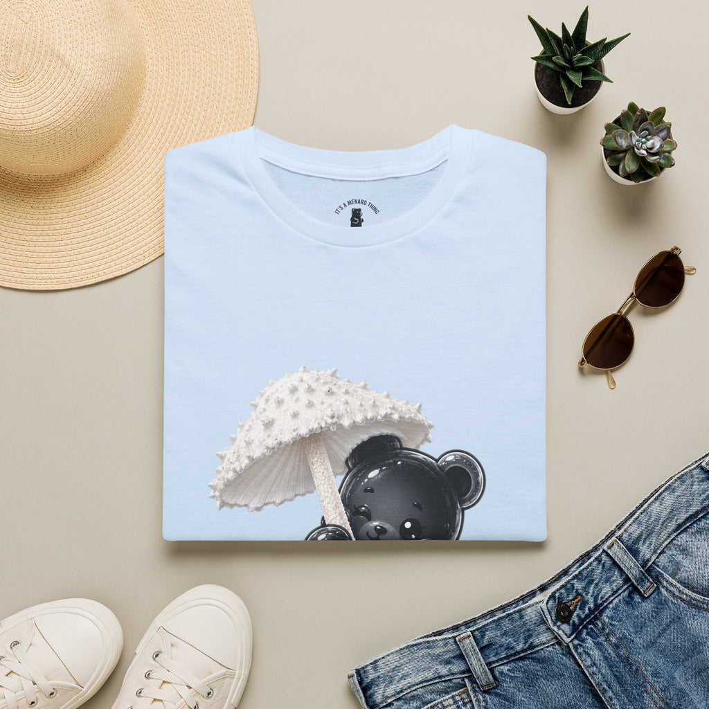 Beautiful Veiled White Mushroom, Black Oozy Bear Gummy Friend- Graphic Shirt