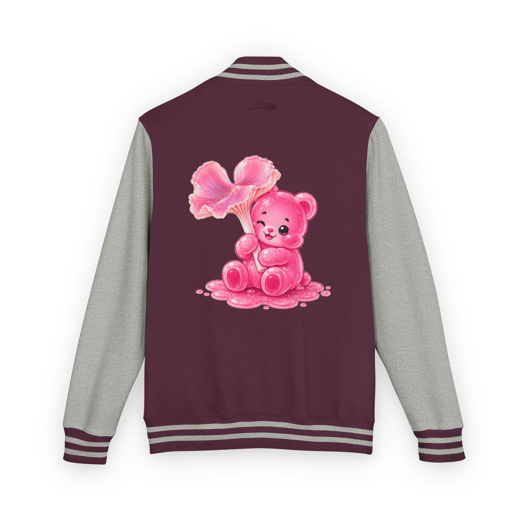Pink Wax Cap Mushroom, Gooey Gummy Bear Friend — Kawaii Graphic Varsity Jacket