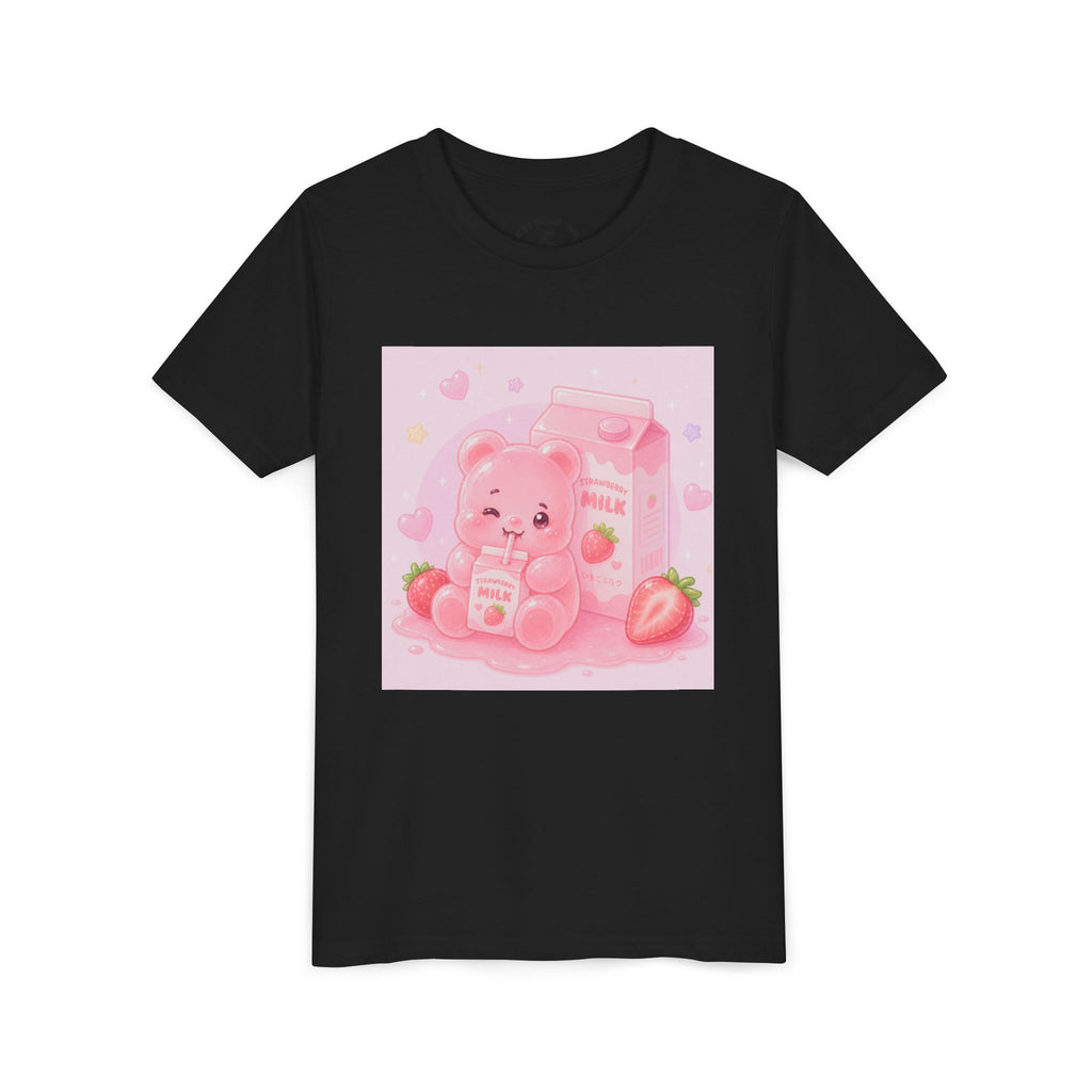 Kids' Pink Strawberry Milk Gooey Gummy Bear— Cute Youth Short Sleeve Shirt