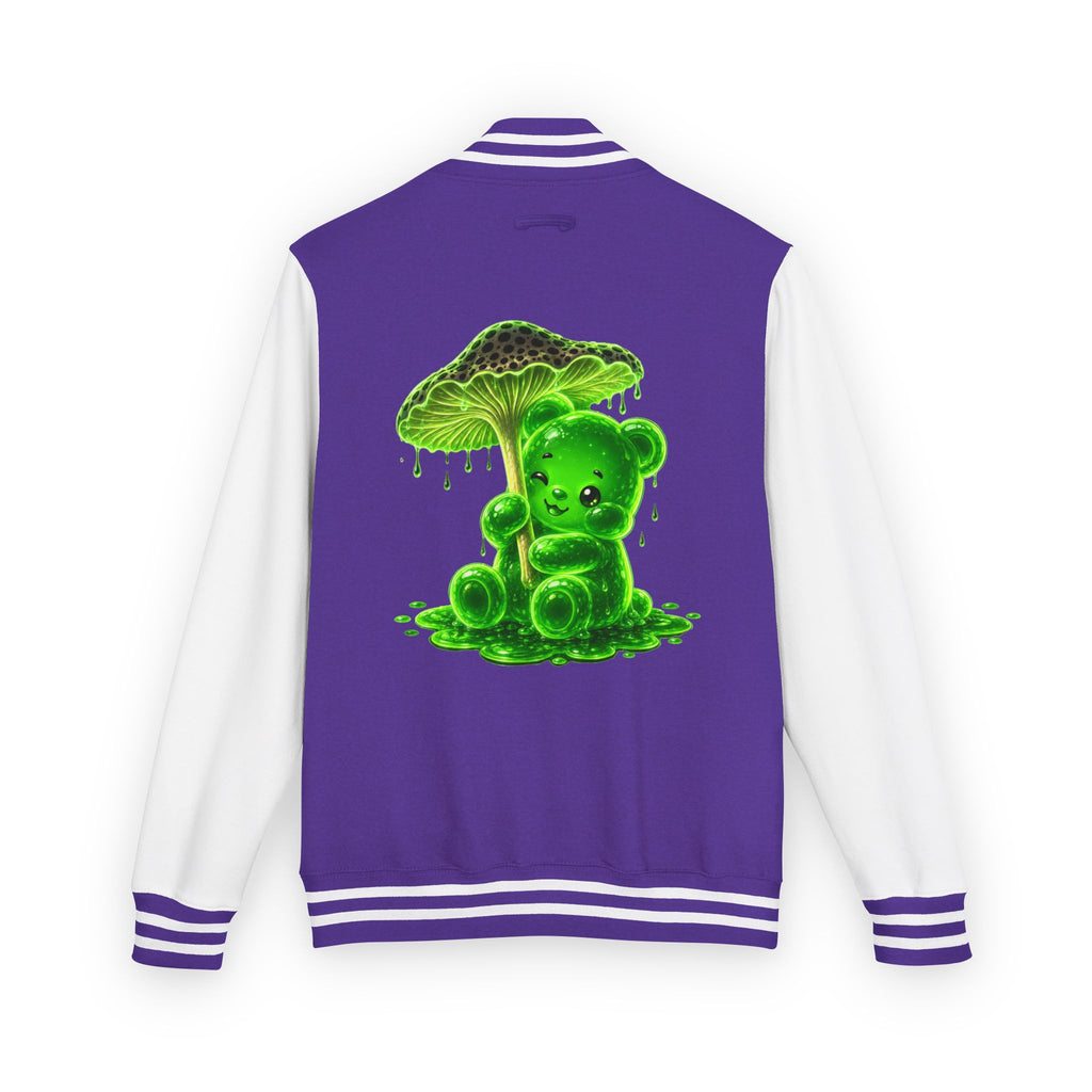 Glowing Green Mushroom, Gooey Gummy Bear Friend — Kawaii Graphic Varsity Jacket