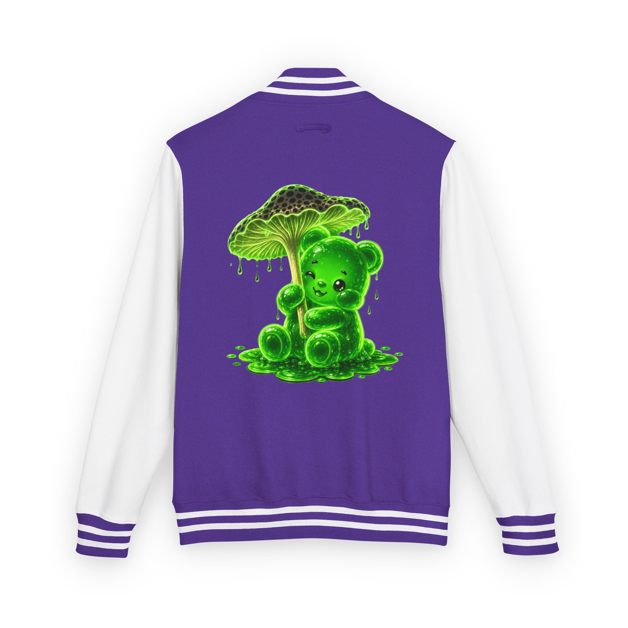Glowing Green Mushroom, Gooey Gummy Bear Friend — Kawaii Graphic Varsity Jacket