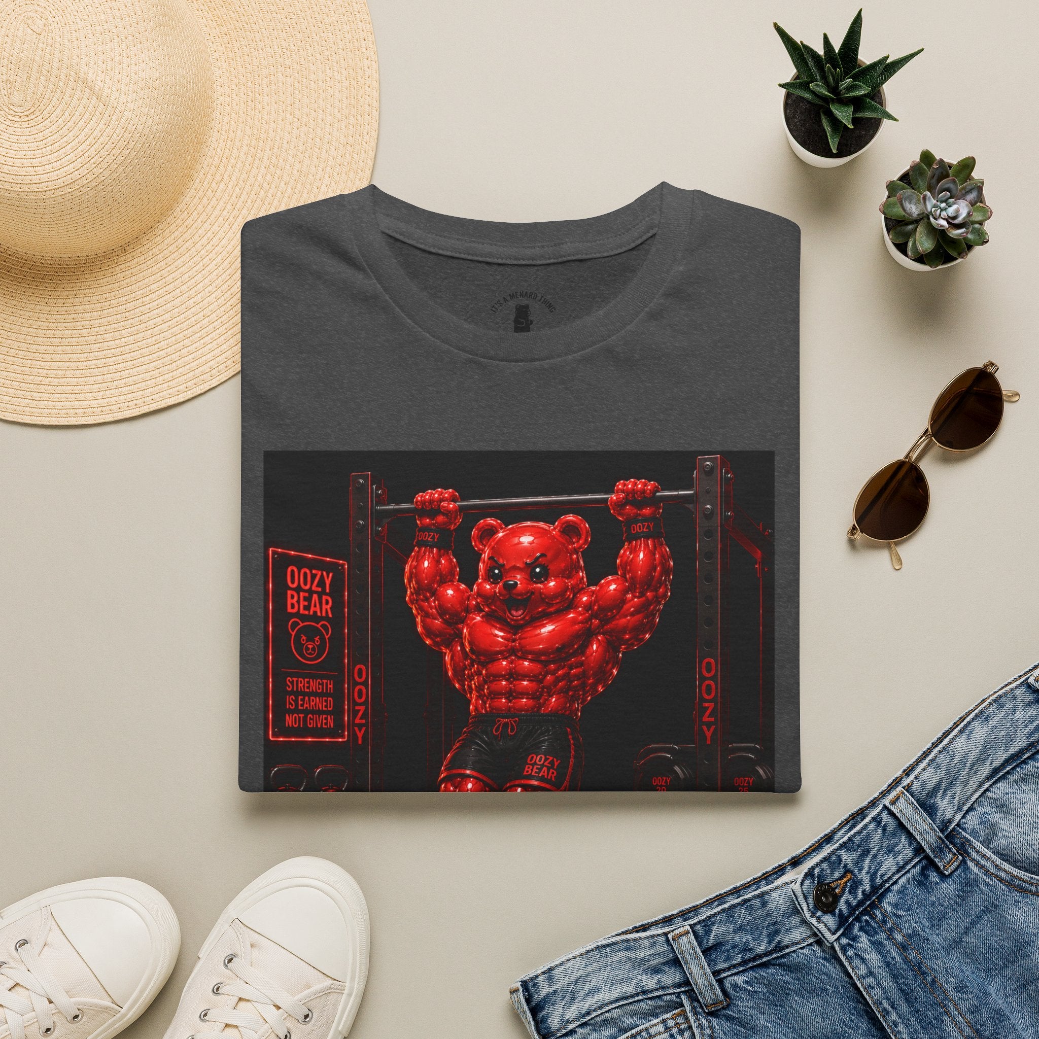 Bar Lifting Fitness Workout, Crimson Oozy Buff Bear Gummy Gym Addition- Adult Graphic Shirt