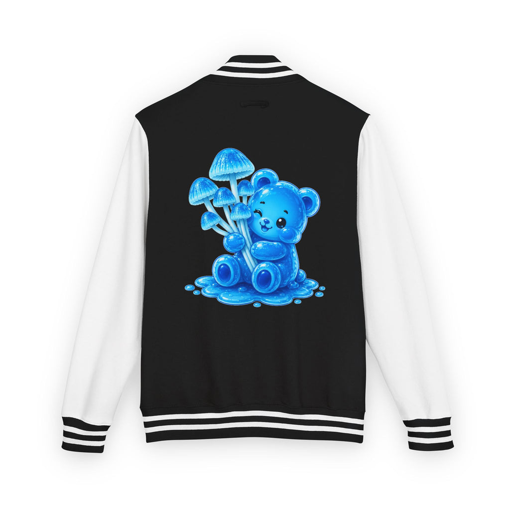 Pretty Blue Mushrooms, Gooey Gummy Bear Friend — Kawaii Graphic Varsity Jacket