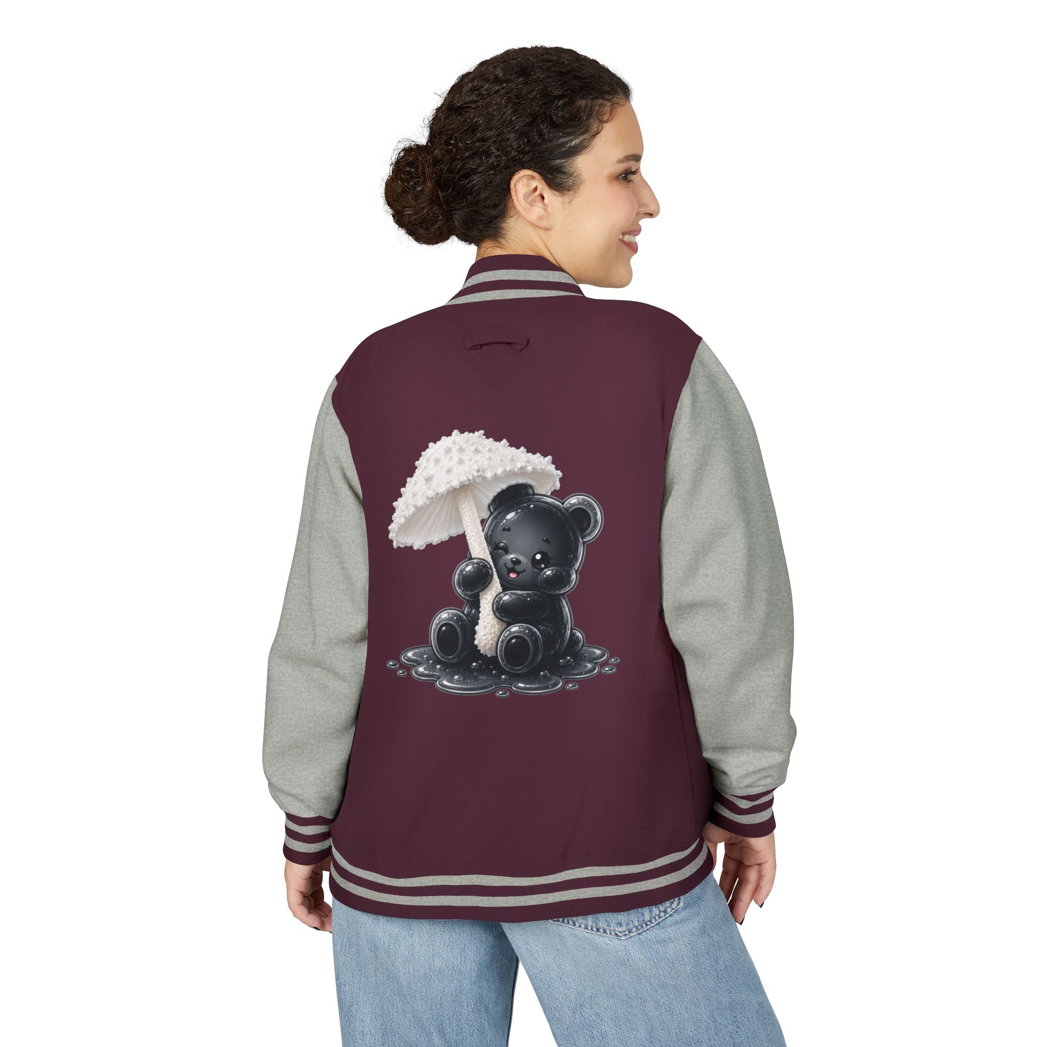 White Mushroom Umbrella, Black Gooey Gummy Bear — Kawaii Graphic Varsity Jacket