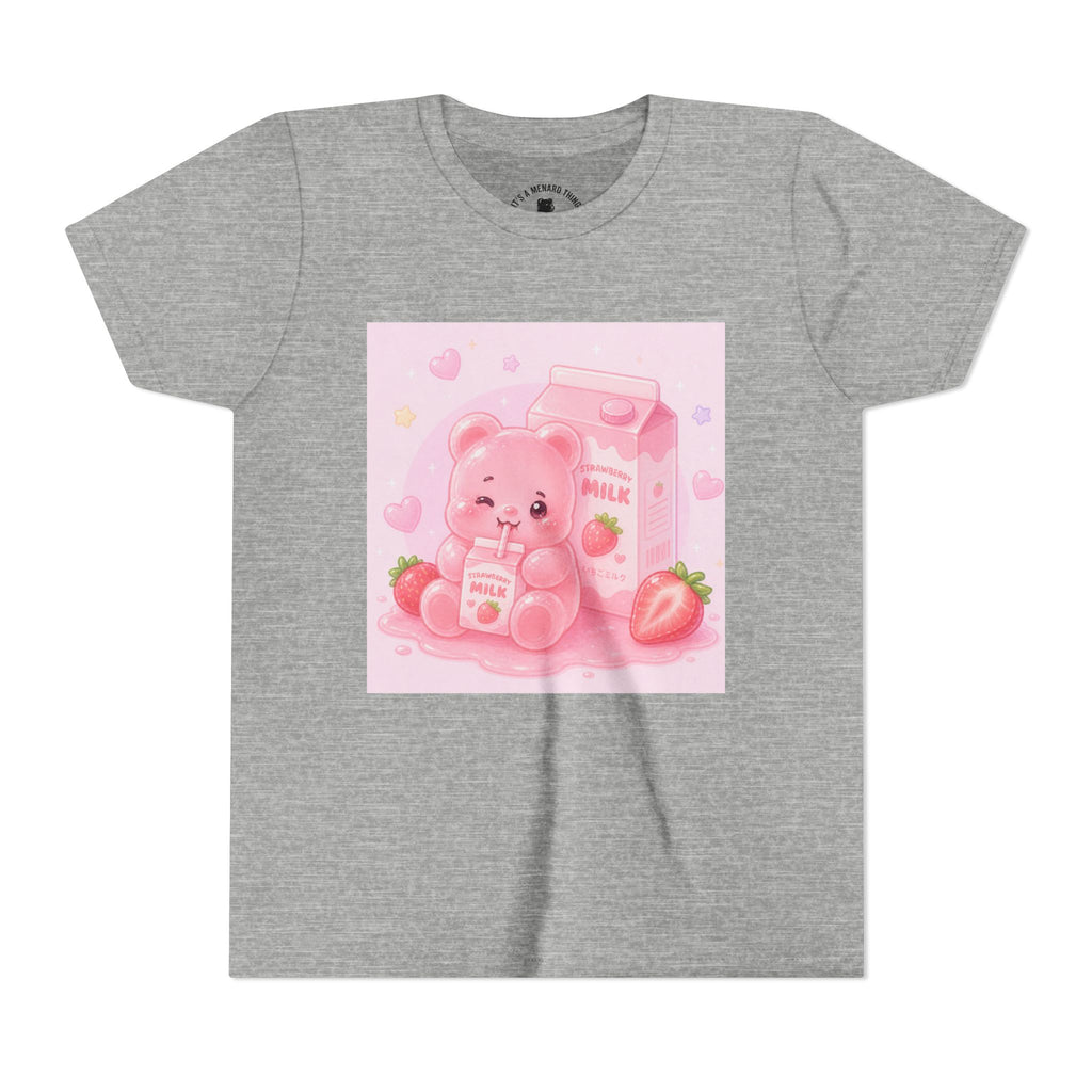 Kids' Pink Strawberry Milk Gooey Gummy Bear— Cute Youth Short Sleeve Shirt