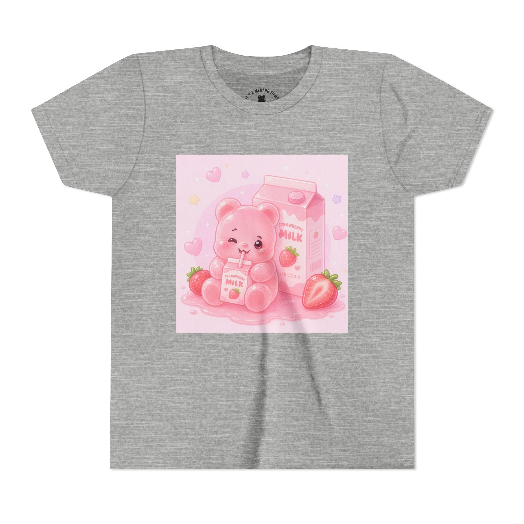 Kids' Pink Strawberry Milk Gooey Gummy Bear— Cute Youth Short Sleeve Shirt