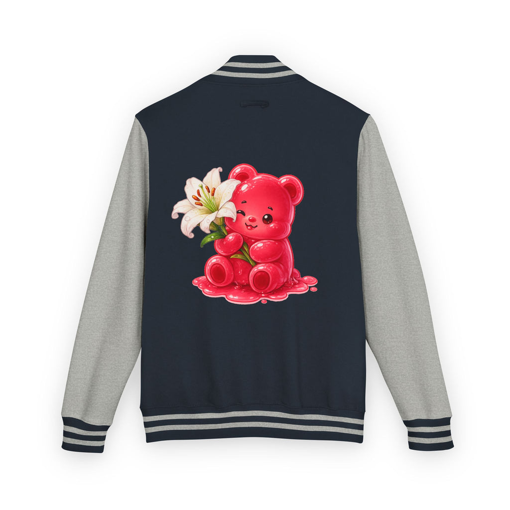 White Lilies, Red Gooey Gummy Friend — Kawaii Graphic Varsity Jacket