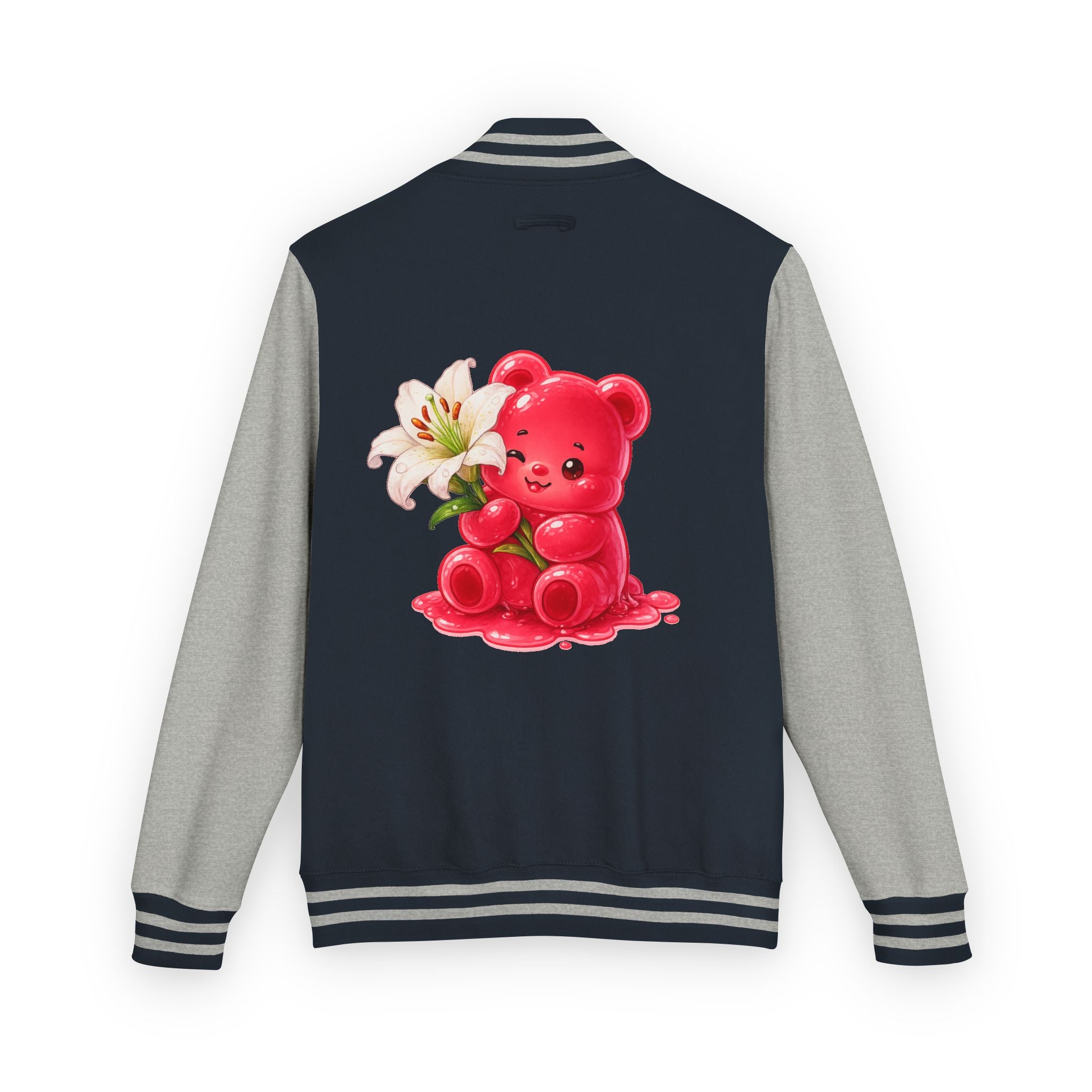 White Lilies, Red Gooey Gummy Friend — Kawaii Graphic Varsity Jacket