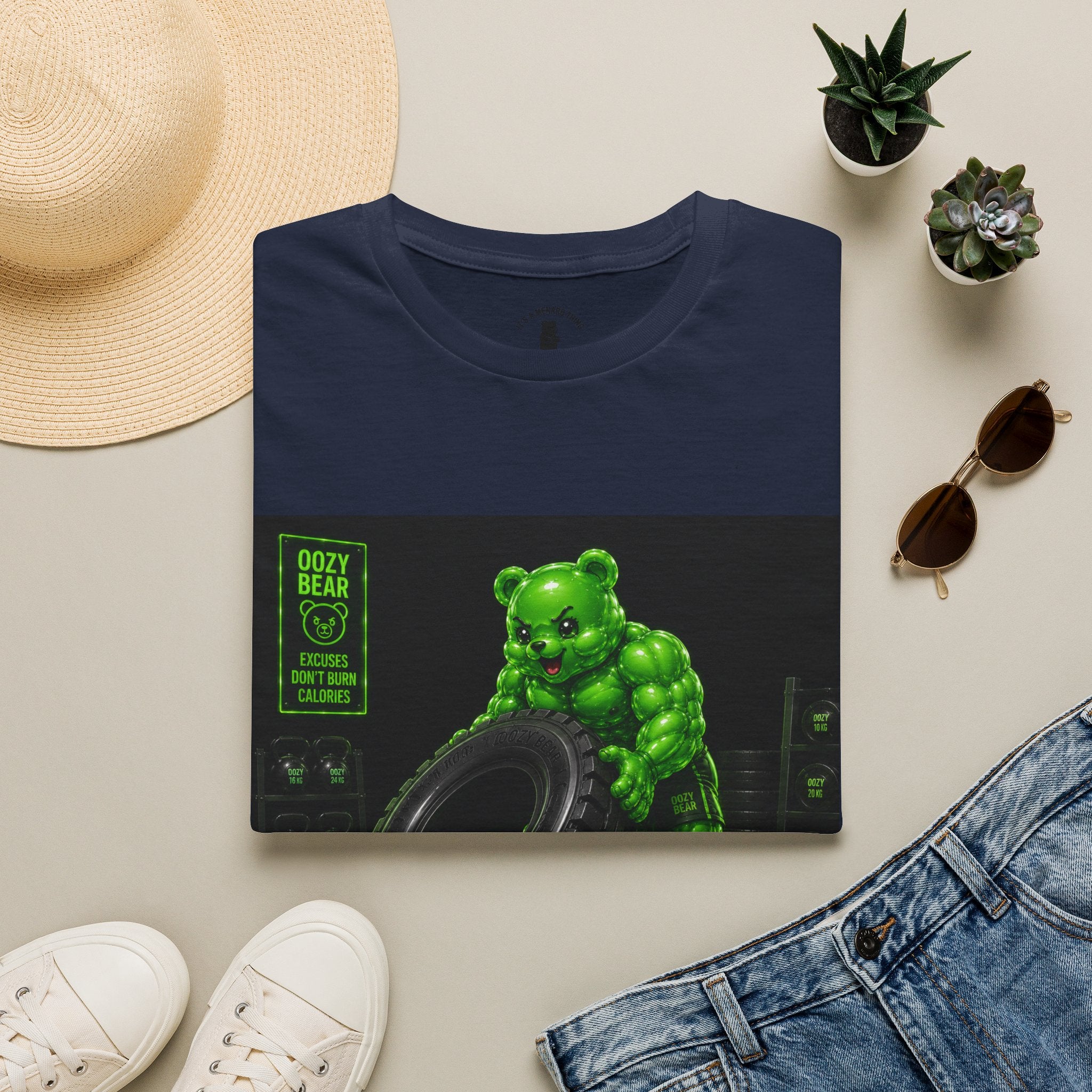 Tire Flipping Work Out, Emerald Oozy Buff Bear Gym Addition- Adult Graphic Shirt