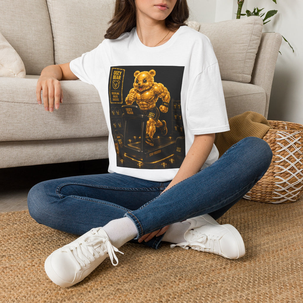 Running The Treadmill, Golden Yellow Oozy Buff Bear Workout- Adult Graphic Shirt