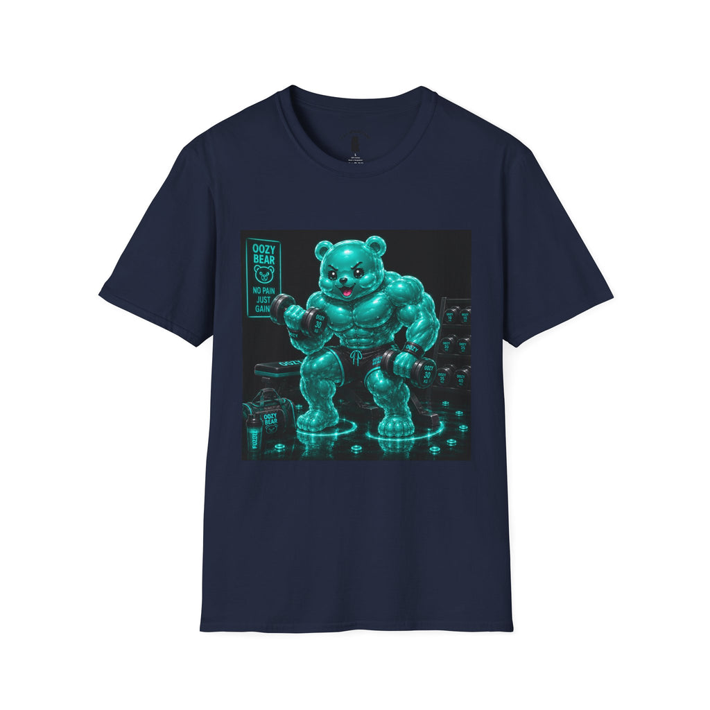 Working Out, Teal Oozy Buff Bear Gummy Gym Addition- Adult Graphic Shirt