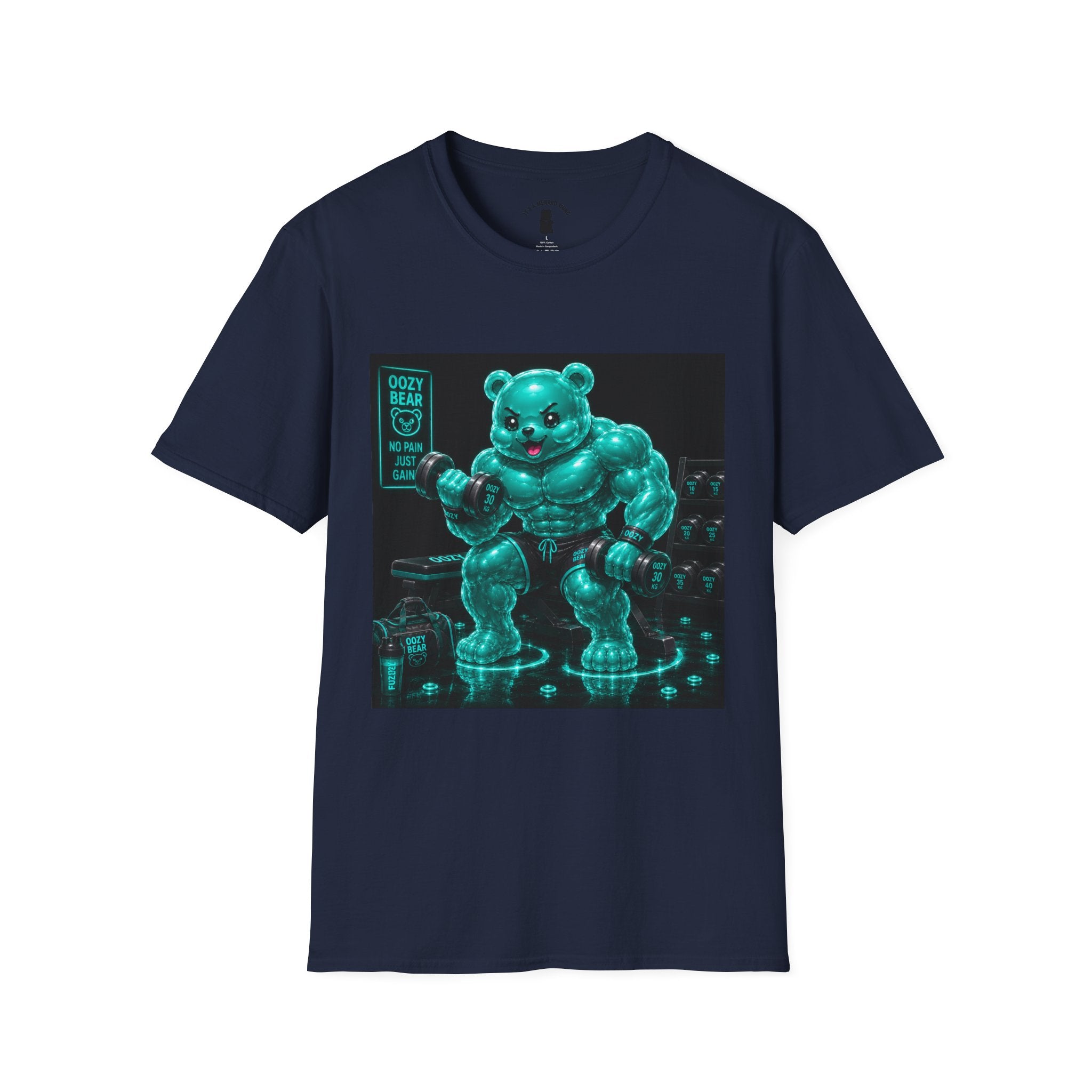 Working Out, Teal Oozy Buff Bear Gummy Gym Addition- Adult Graphic Shirt