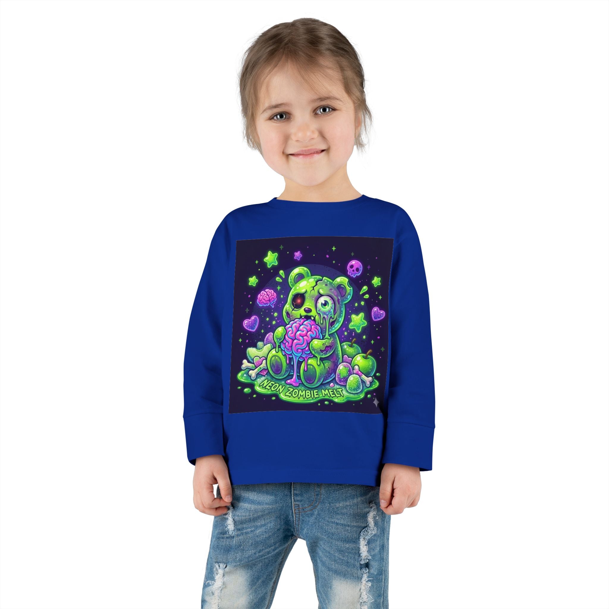 Neon Zombie Oozy Bear Gummy Halloween Addition- Kids Graphic Long Sleeve Shirt