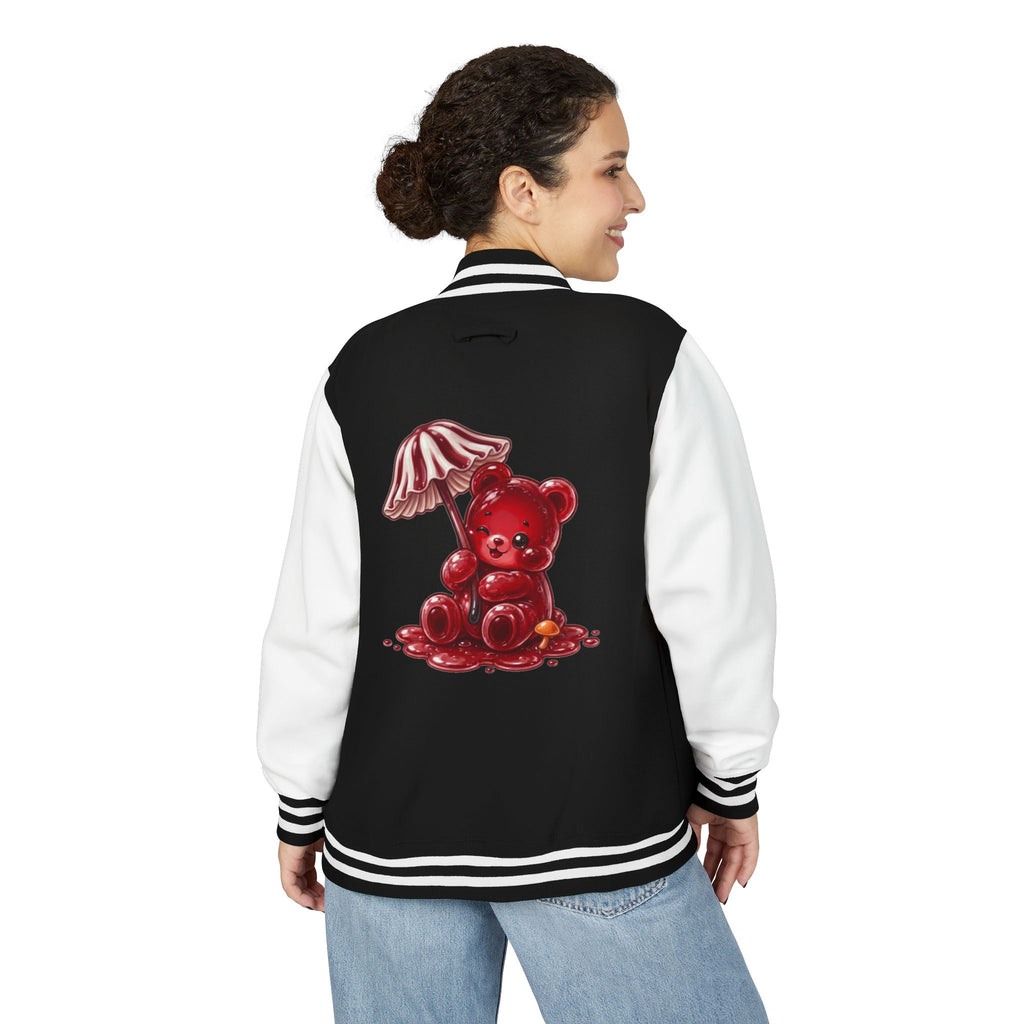 Red Stripped Mushroom Umbrella, Oozy Bear Gummy- Letterman Graphic Jacket