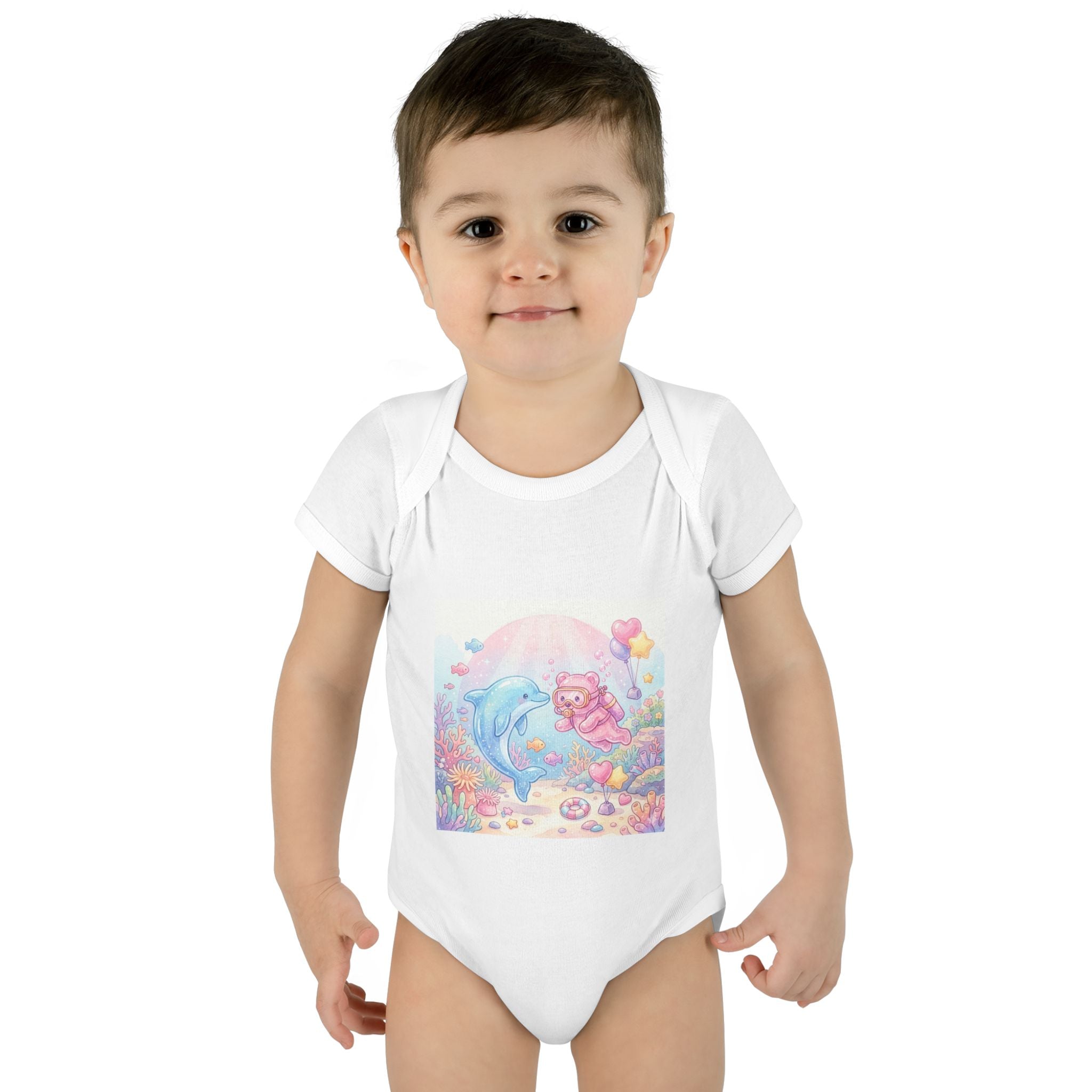 Infant Bodysuit — Pastel Dolphin & Pink Gummy Bear Underwater Baby Onesie