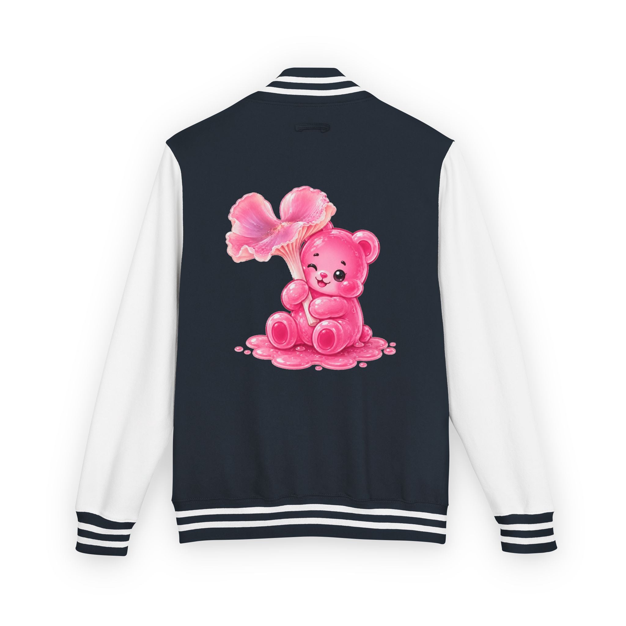 Pink Wax Cap Mushroom, Gooey Gummy Bear Friend — Kawaii Graphic Varsity Jacket