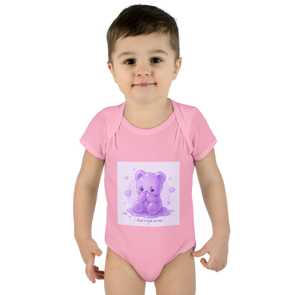 Purple Gooey Gummy Shy bear Baby Bodysuit - "Don't Look at Me" Cute Infant Onesie
