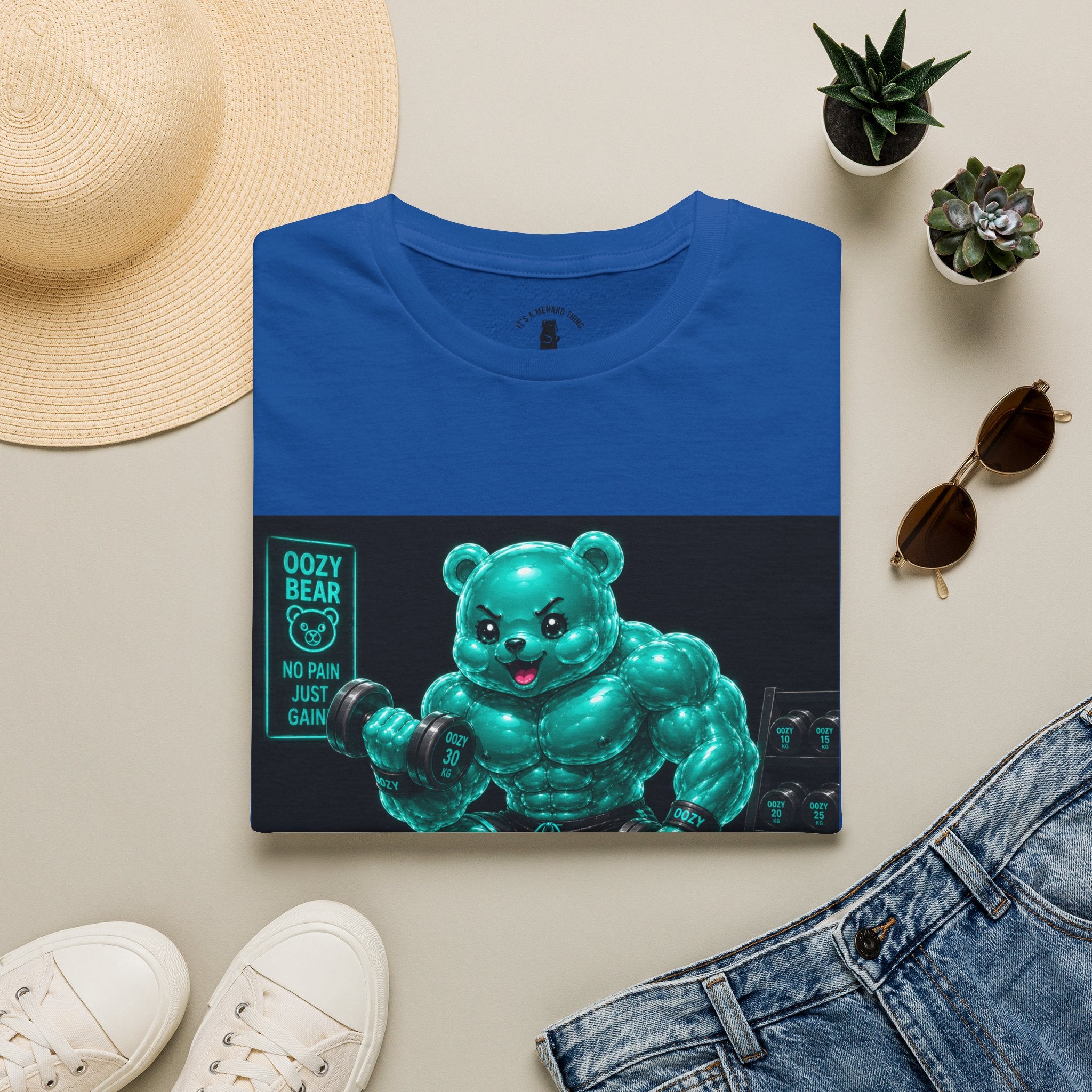 Working Out, Teal Oozy Buff Bear Gummy Gym Addition- Adult Graphic Shirt