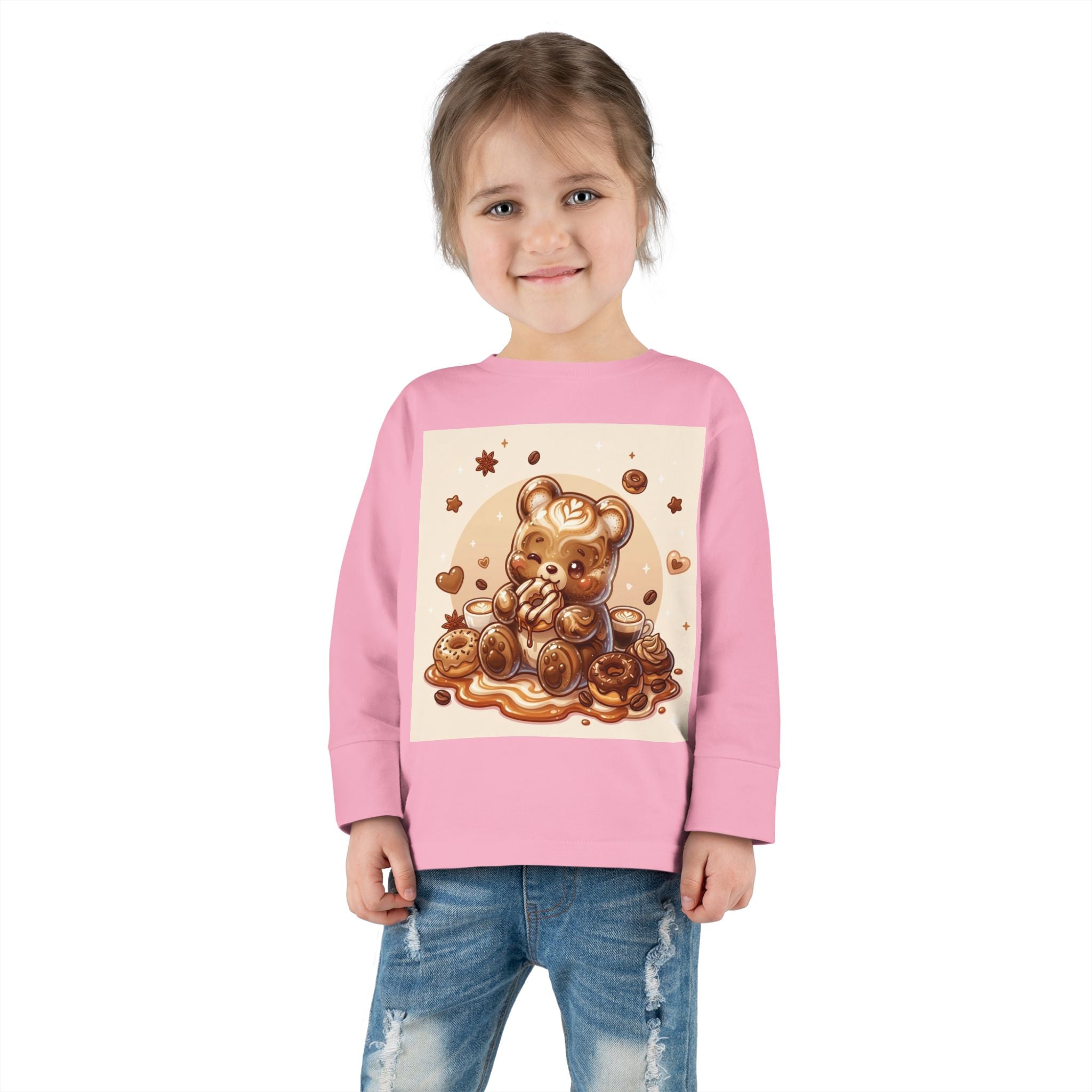 Coffee & Donuts with Chocolate, Oozy Bear Gummy Girls— Kids Illustrated Long Sleeve Shirt