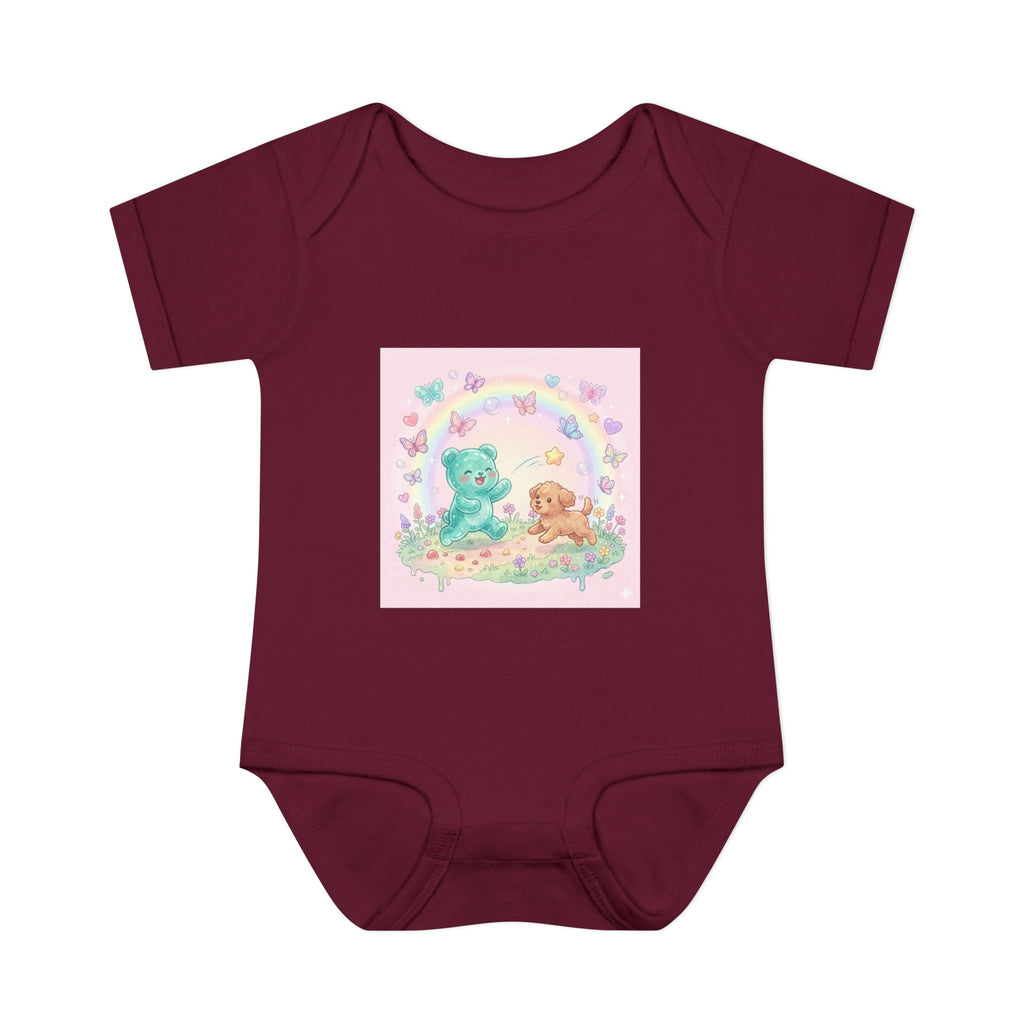 Gooey Gummy Playing Fetch with Puppy, Cute Infant Onesie