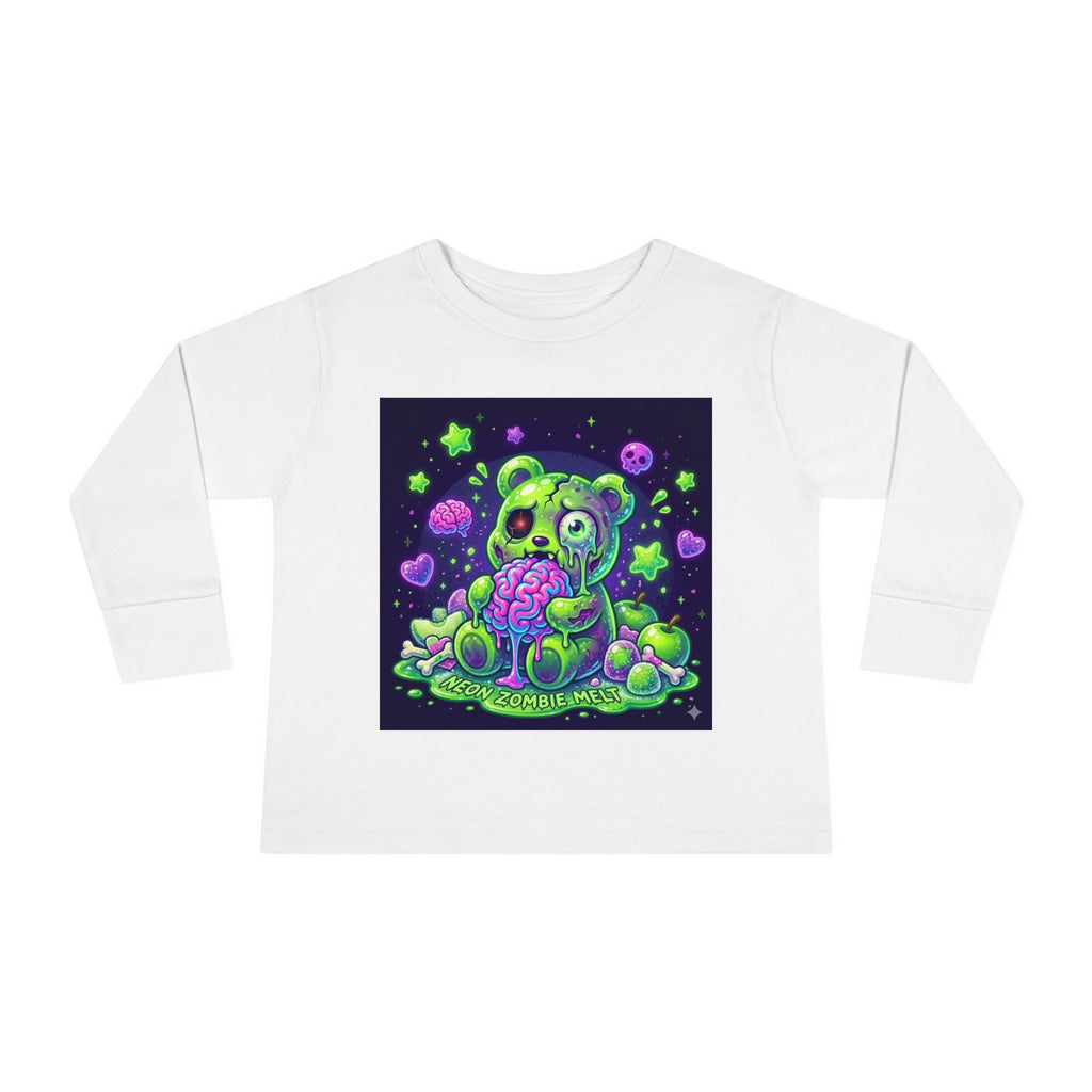 Neon Zombie Oozy Bear Gummy Halloween Addition- Kids Graphic Long Sleeve Shirt