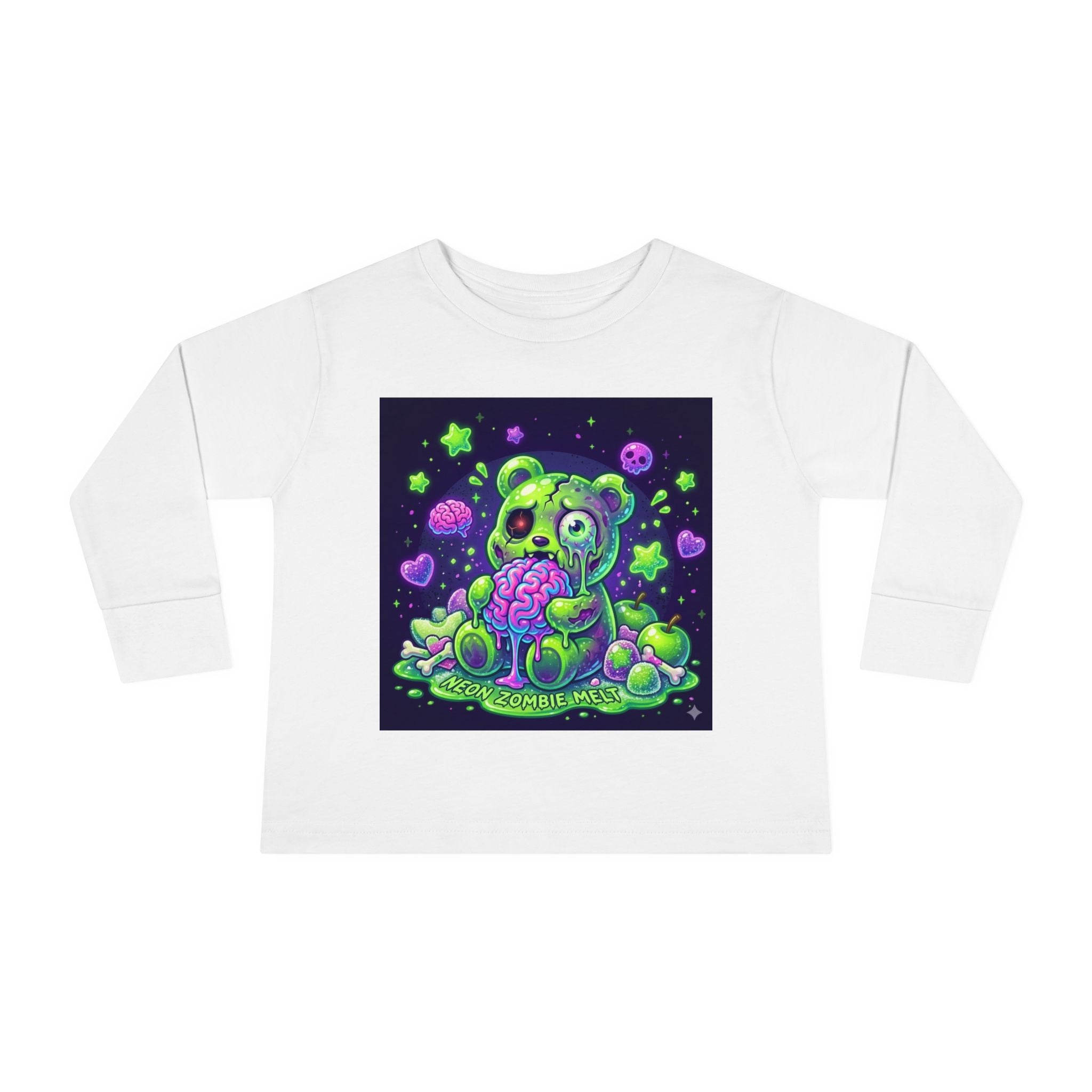 Neon Zombie Oozy Bear Gummy Halloween Addition- Kids Graphic Long Sleeve Shirt