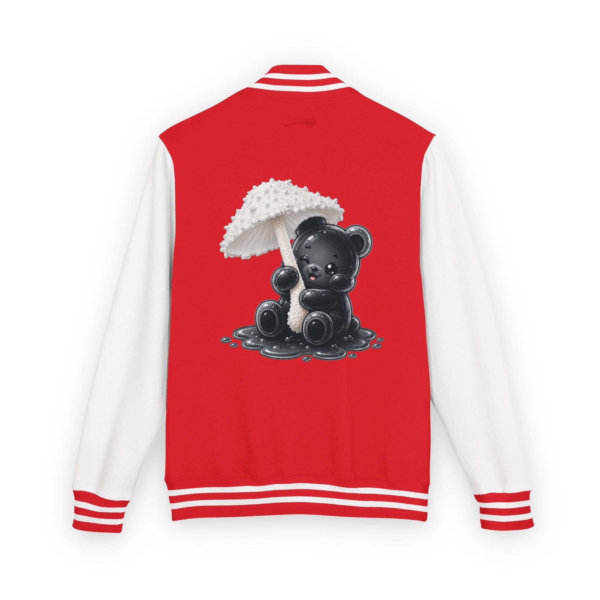 White Mushroom Umbrella, Black Gooey Gummy Bear — Kawaii Graphic Varsity Jacket