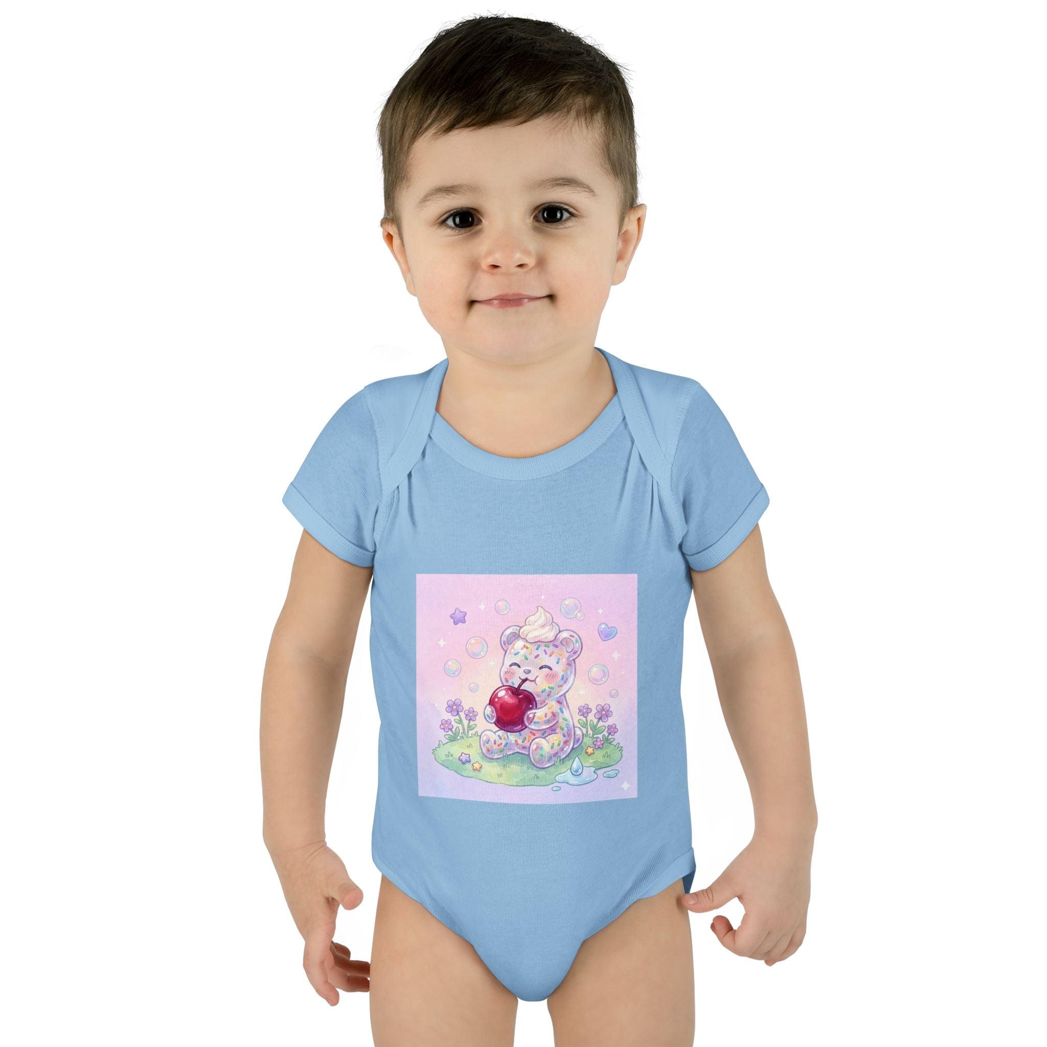 Gooey Gummy Birthday Sprinkles Cake bear eating a Cherry- Infant Onesie