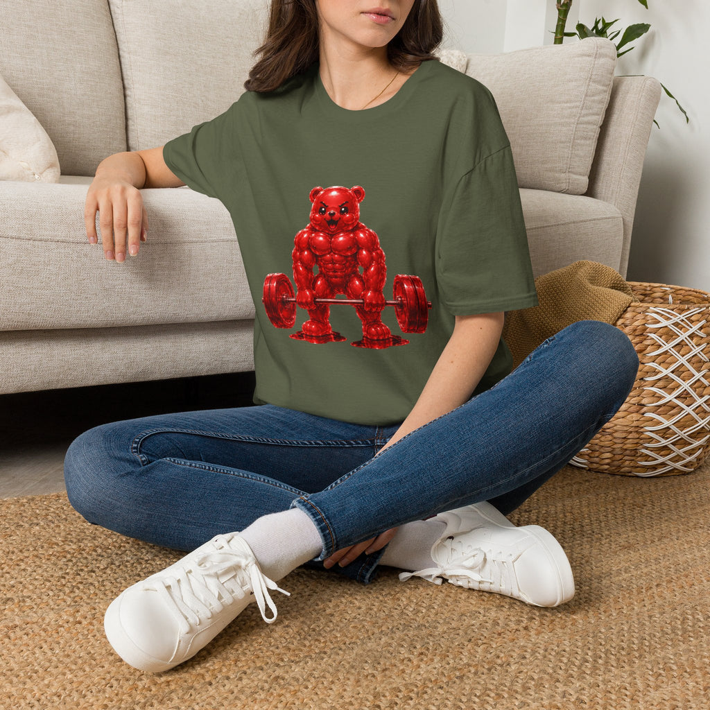 Heavy Bar Workout, Red Oozy Buff Bear Gym Gummy- Adult Graphic Shirt (18+)