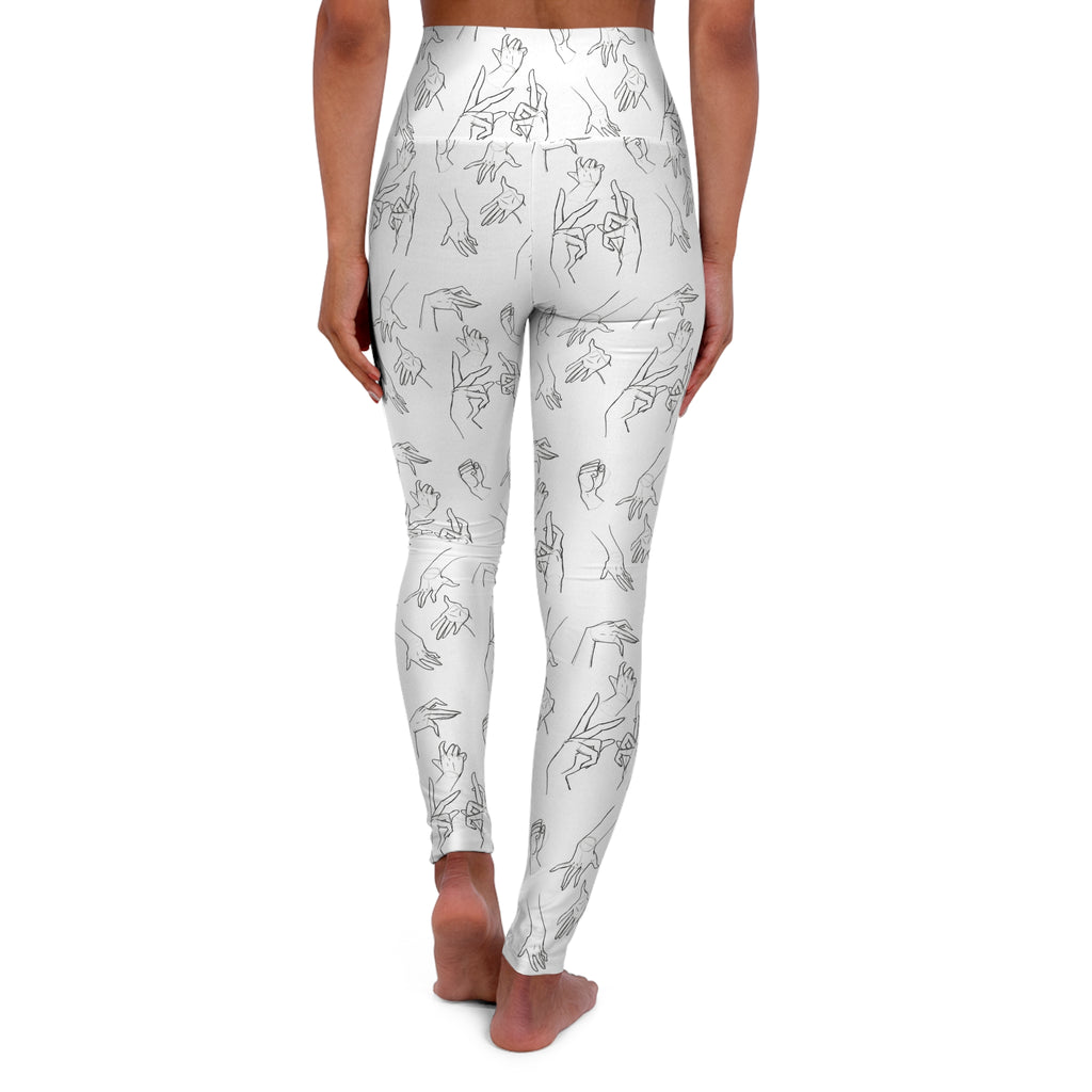White High-Waist Yoga Leggings with Minimalist Line Art Hands — Stretch Activewear for Yoga & Everyday Wear