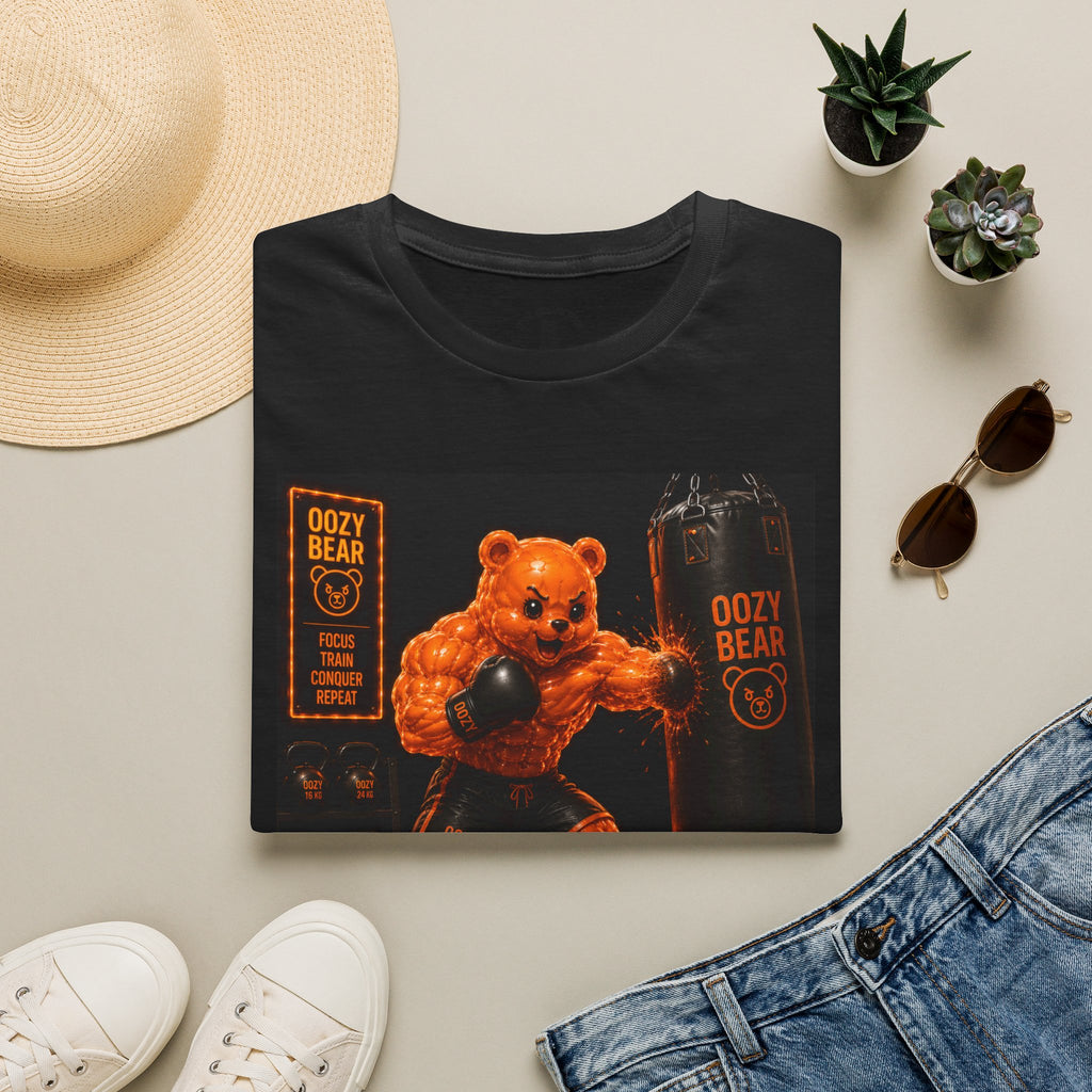 Retro Fighting Ring Workout, Orange Oozy Buff Bear Gummy Gym Addition- Adult Graphic Shirt