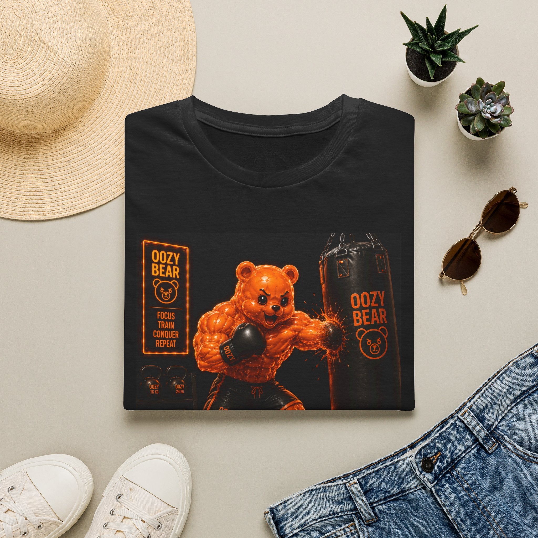Retro Fighting Ring Workout, Orange Oozy Buff Bear Gummy Gym Addition- Adult Graphic Shirt