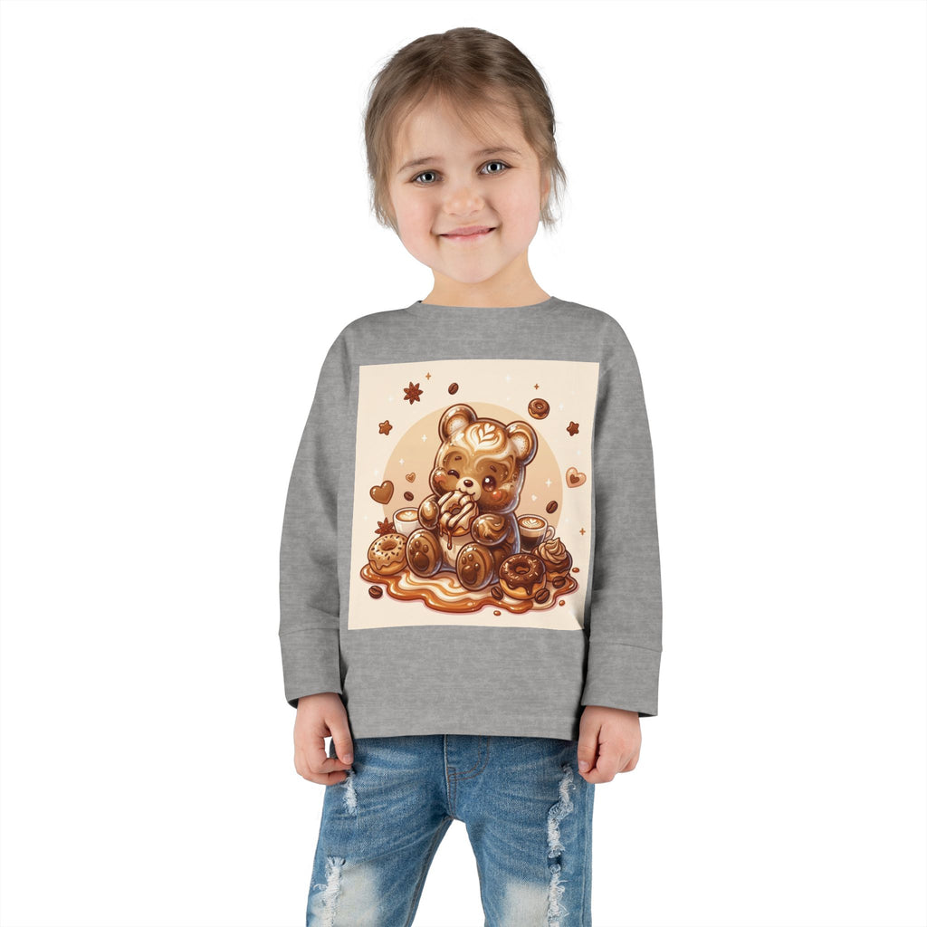 Coffee & Donuts with Chocolate, Oozy Bear Gummy Girls— Kids Illustrated Long Sleeve Shirt