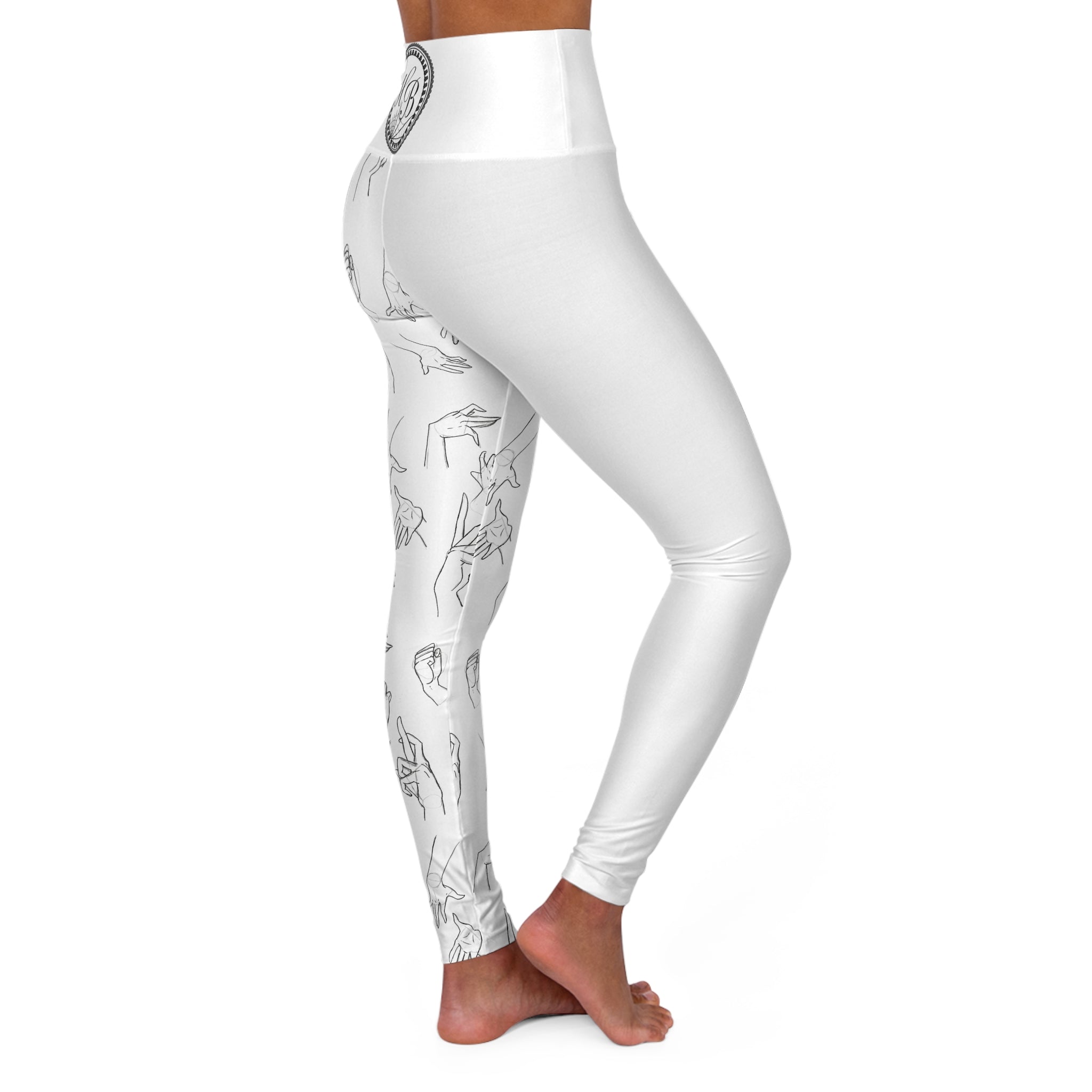 High-Waisted Yoga Leggings — Minimalist Hand-Drawn Hands Print