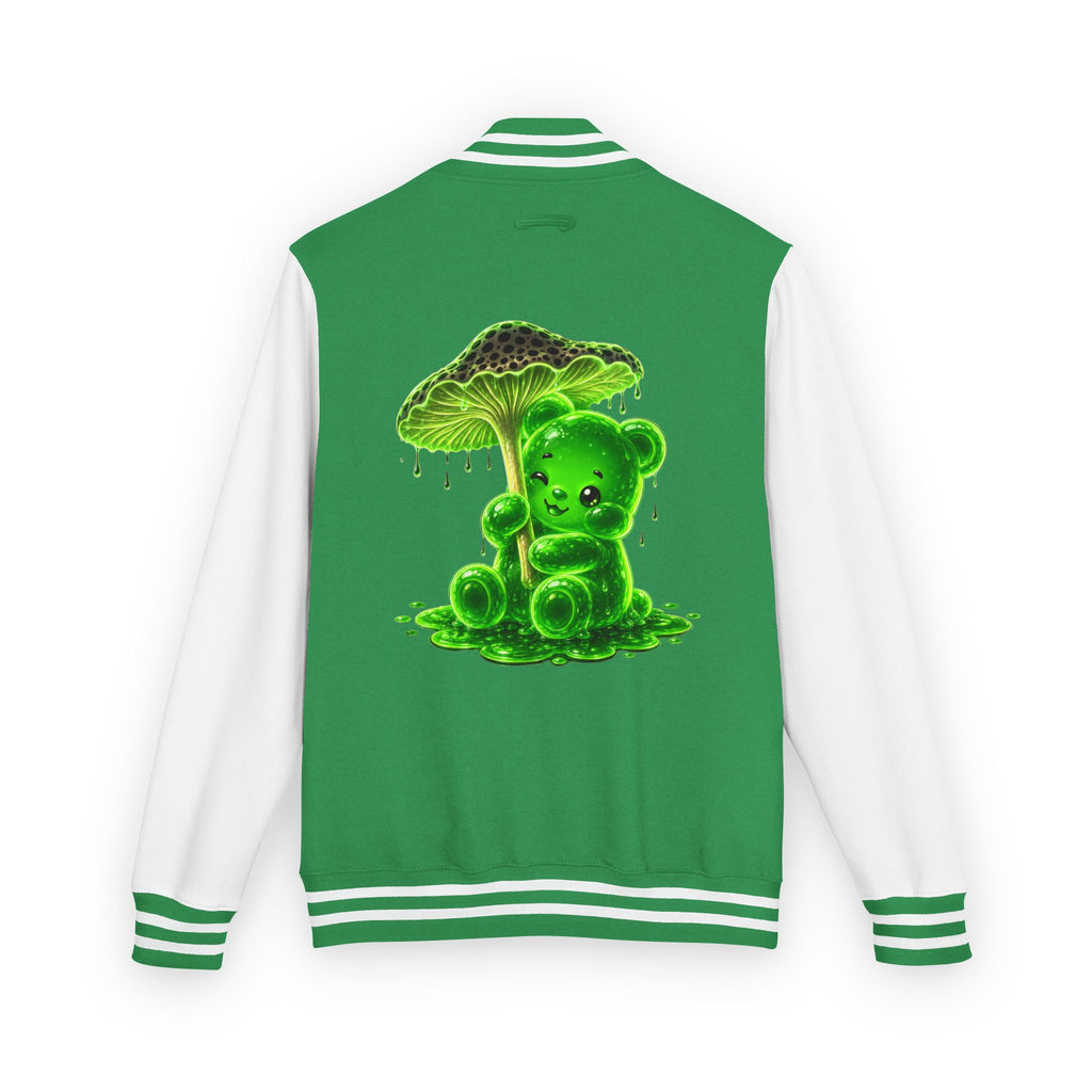 Glowing Green Mushroom, Gooey Gummy Bear Friend — Kawaii Graphic Varsity Jacket