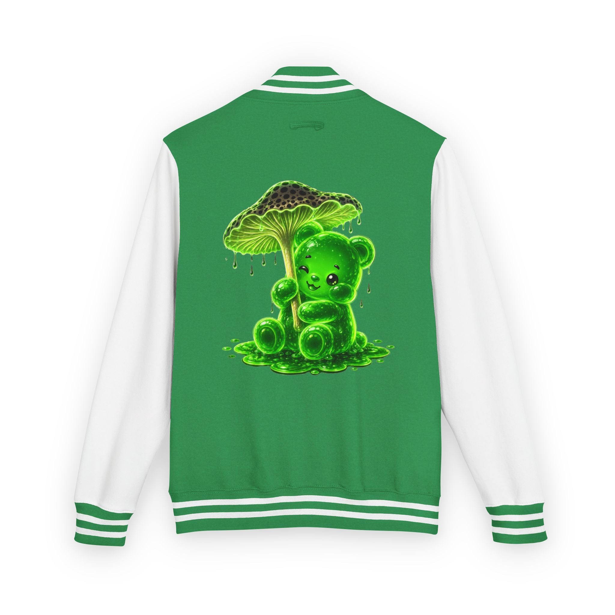 Glowing Green Mushroom, Gooey Gummy Bear Friend — Kawaii Graphic Varsity Jacket