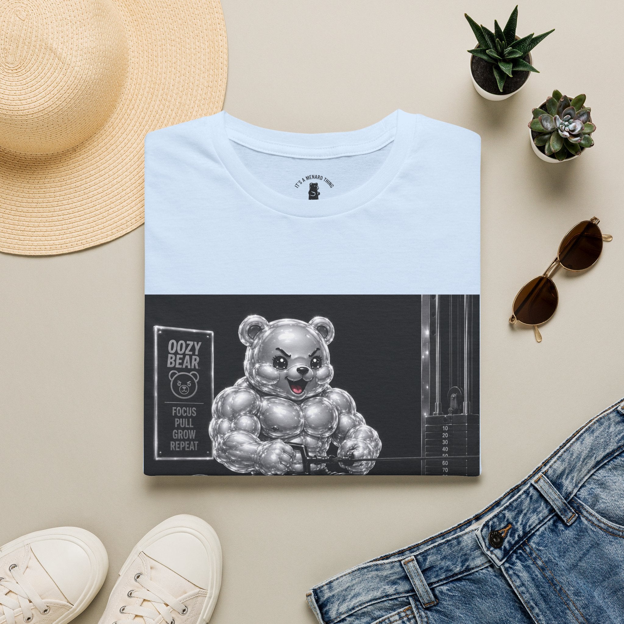 Working on the Bench, Silver Oozy Buff Bear Gummy Gym Addition- Adult Graphic Shirt