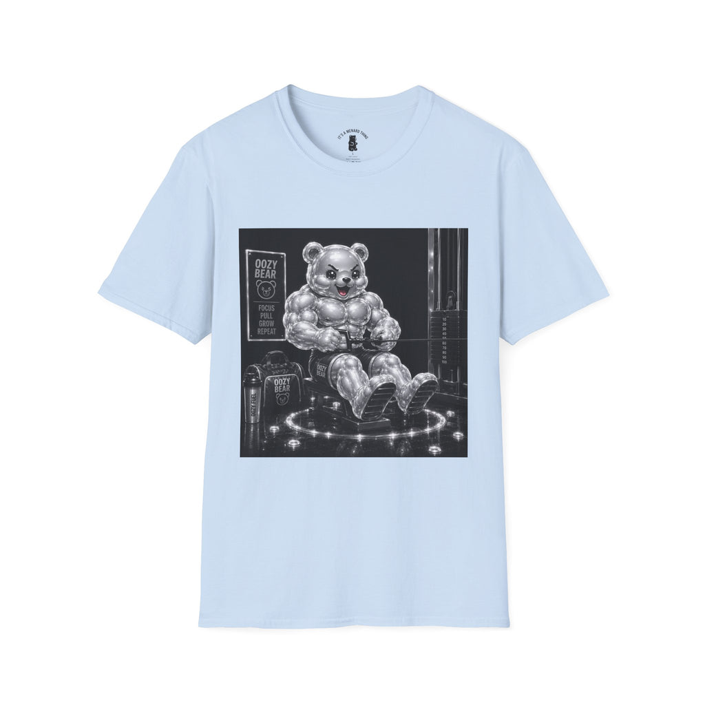 Working on the Bench, Silver Oozy Buff Bear Gummy Gym Addition- Adult Graphic Shirt