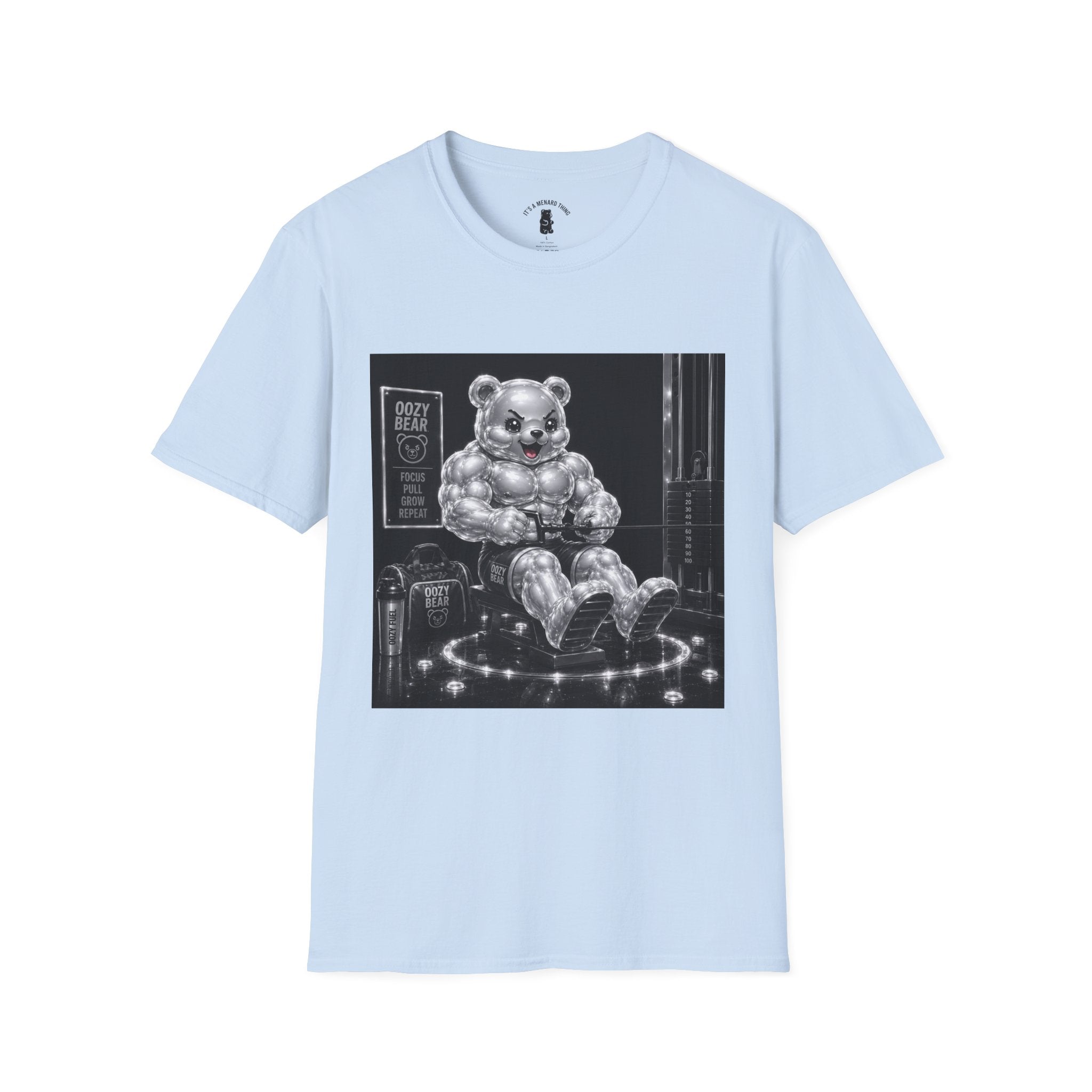 Working on the Bench, Silver Oozy Buff Bear Gummy Gym Addition- Adult Graphic Shirt