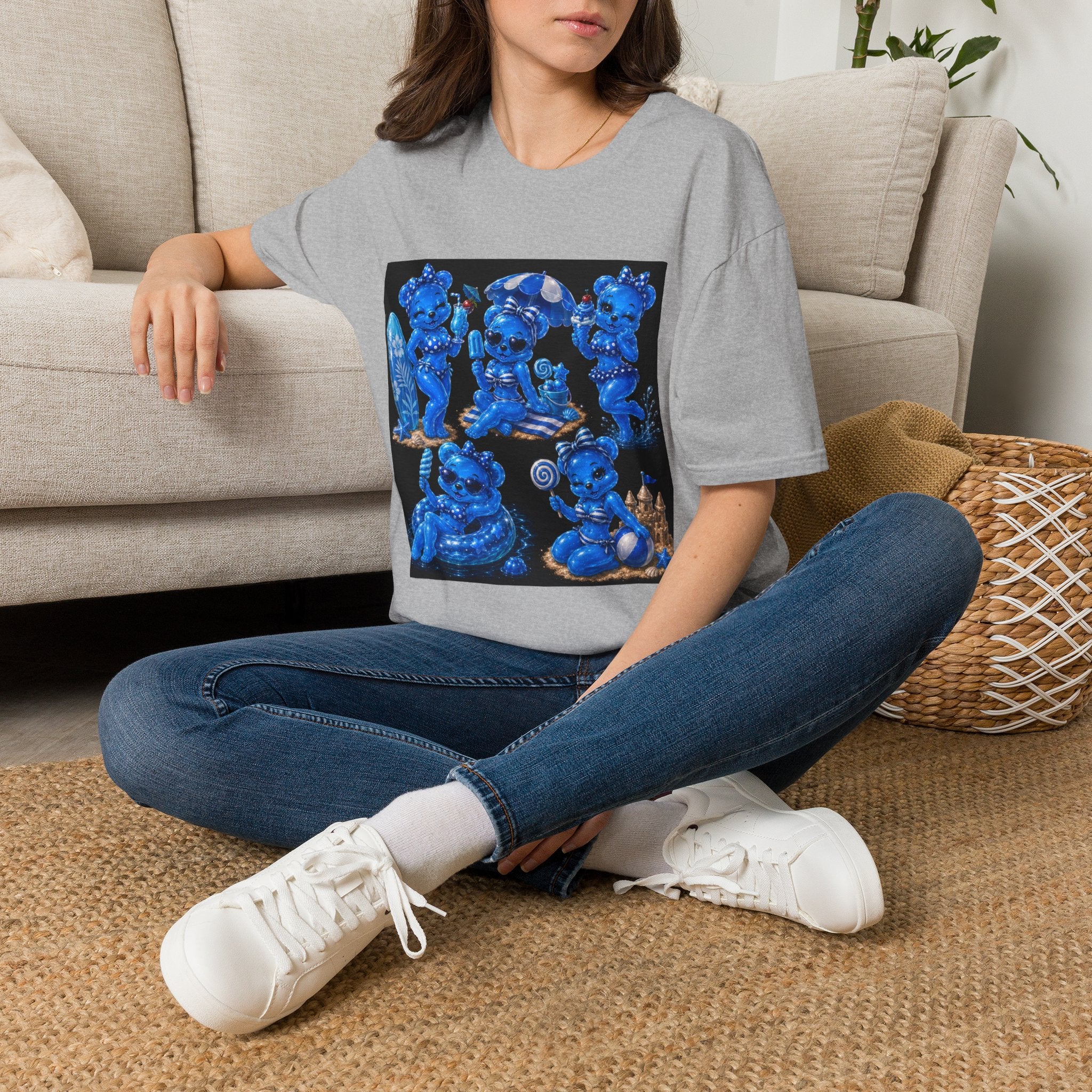 Retro Kawaii Blue Oozy Bear Pin Up Beach Babe- Adult Graphic Shirt (18+)