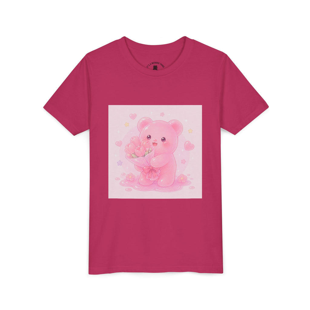 Pink Gooey Gummy Bear Youth Tee – Valentine Gummy Bouquet Kids Shirt