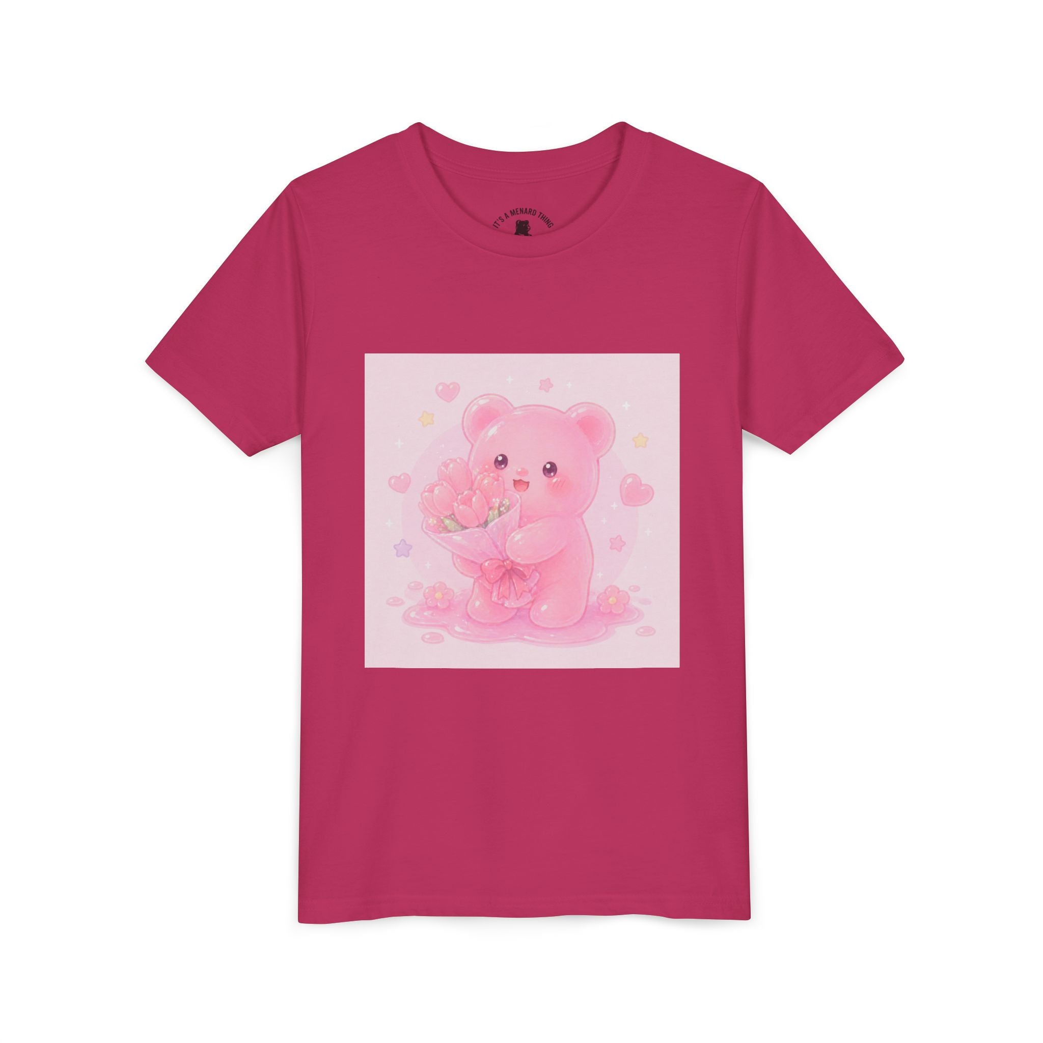 Pink Gooey Gummy Bear Youth Tee – Valentine Gummy Bouquet Kids Shirt