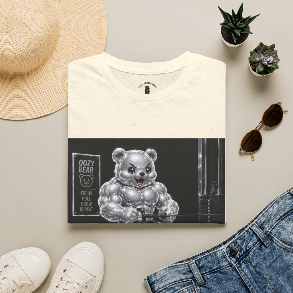 Working on the Bench, Silver Oozy Buff Bear Gummy Gym Addition- Adult Graphic Shirt
